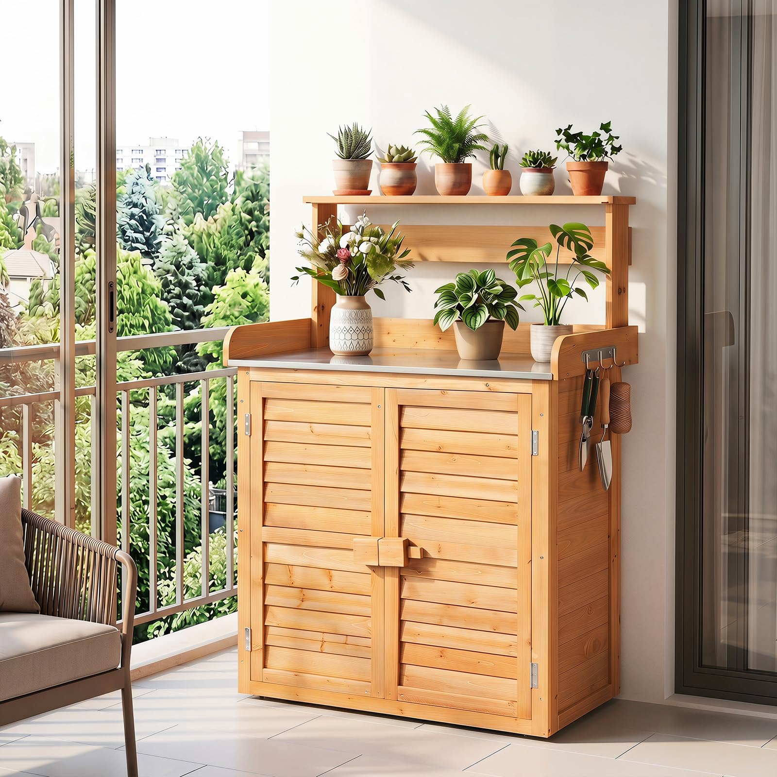 COSTWAY Pflanztisch Holz, wetterfester Gärtnertisch mit Unterschrank | Edelstahl Arbeitsplatte, oberes Regal & 3 Seitenhaken, Geräteschrank für Garten, Balkon & Terrasse, 87 x 45 x 120 cm (Gelb)