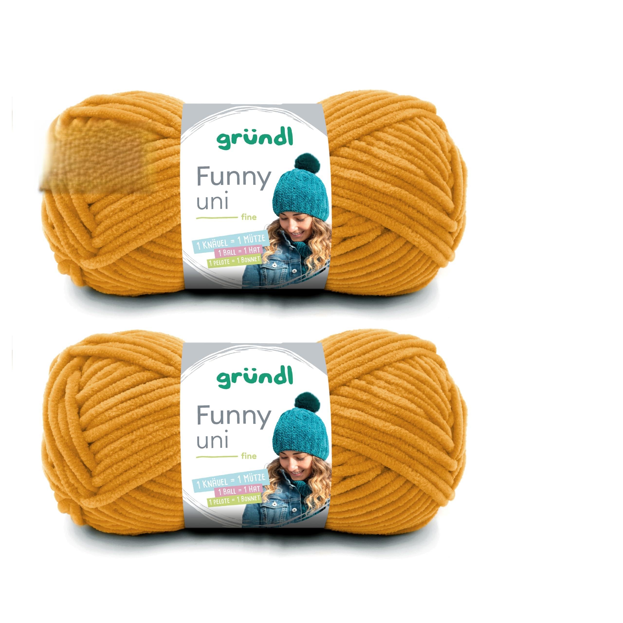 Gründl Wolle Funny uni - dicke weiche Chenille Wolle zum Häkeln - Häkelwolle - Strickwolle - Kuschelig und hautfreundlich - 100% Polyester - 2 Knäuel 100 g / 120 m - Nadelstärke 5-6 - Senf