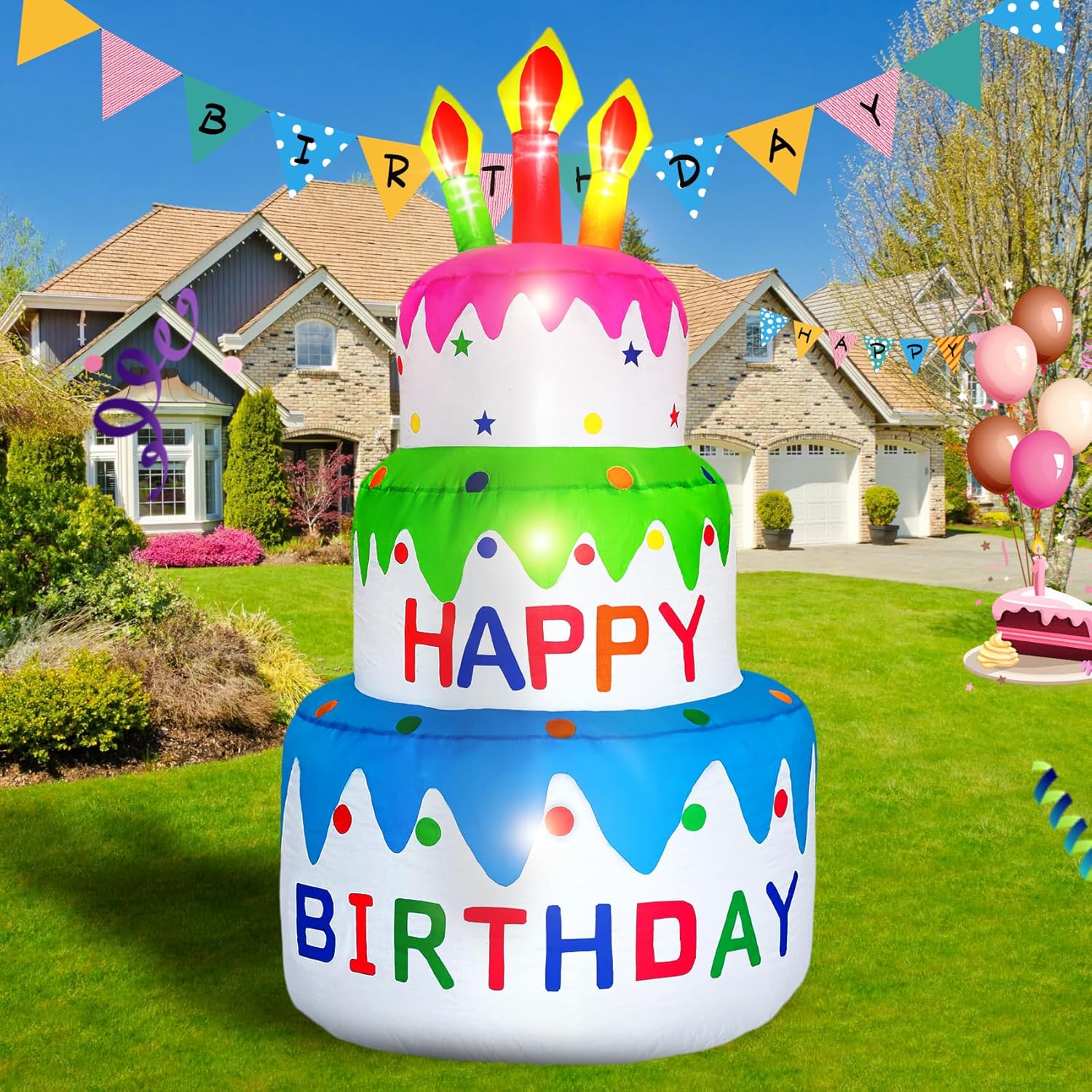 DearSun 5FT H Inflatable Happy Birthday Cake Indoor Outdoor Decoration with Candles Lighted, Blow Up Holiday Birthday Party Decor Inflatable Cake with Build-in LED Lights