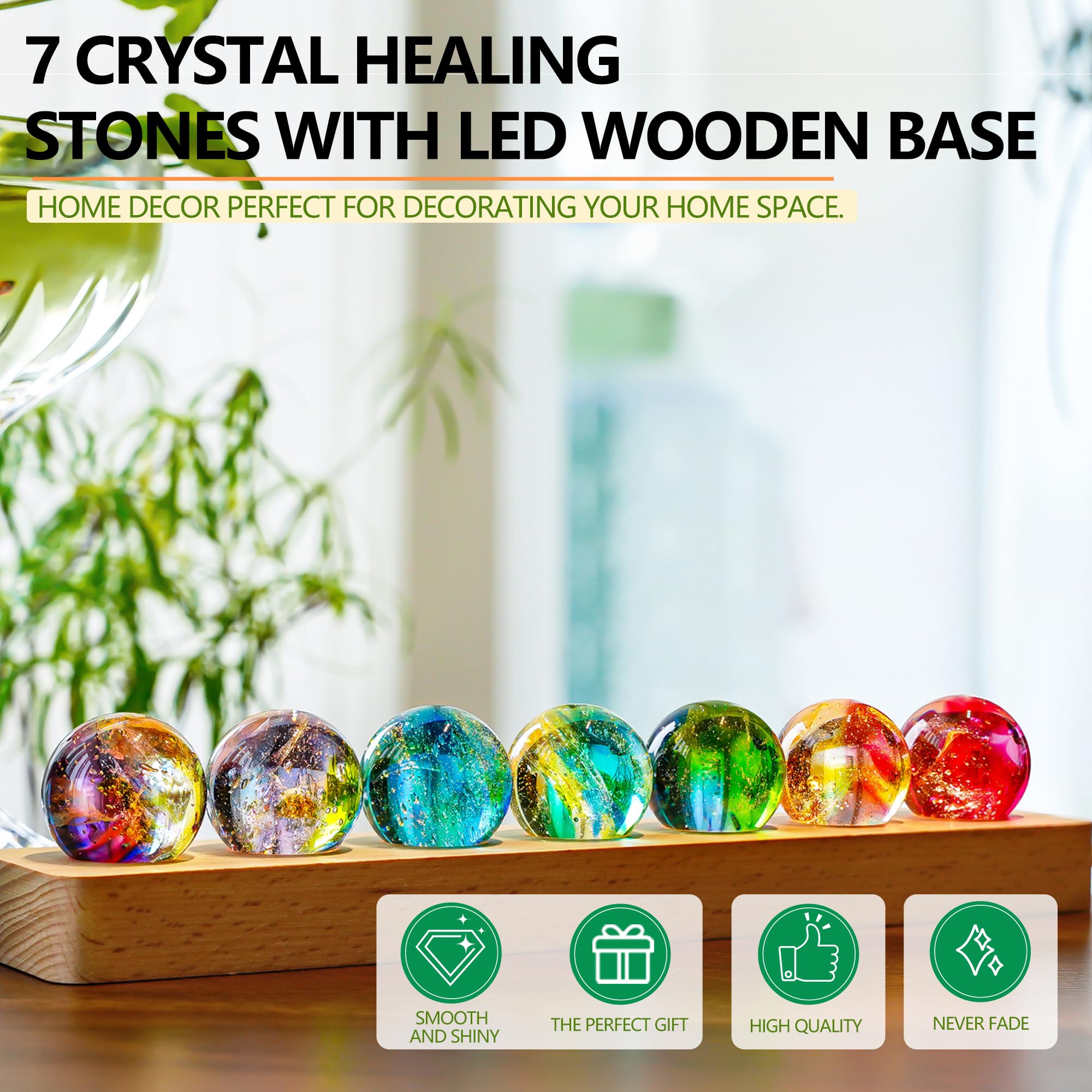 kanpura 7 Chakra Crystals Spheres Sets 40mm Crystal Healing Ball with LED Wooden Stand for Meditation Night Light Decoration Balls for Home Office Decor Gifts - Image 2