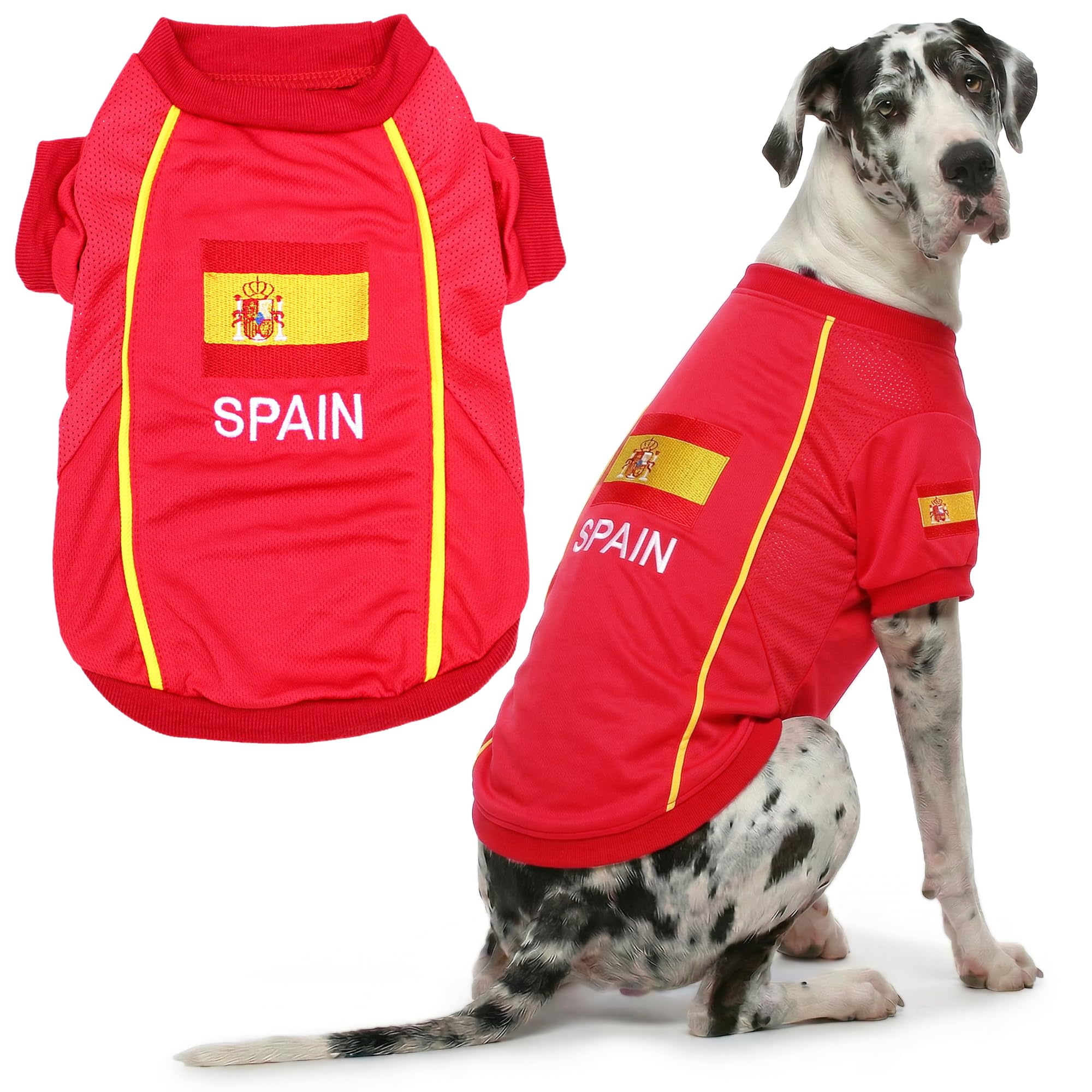Parisian Pet Dog Jersey - Embroidered “ Spain “ Breathable Mesh Fabric Dog Sports Costume - Football, and Olympic Sportswear Pet Clothes - Lightweight Dog Jerseys for Large Dogs - 5XL