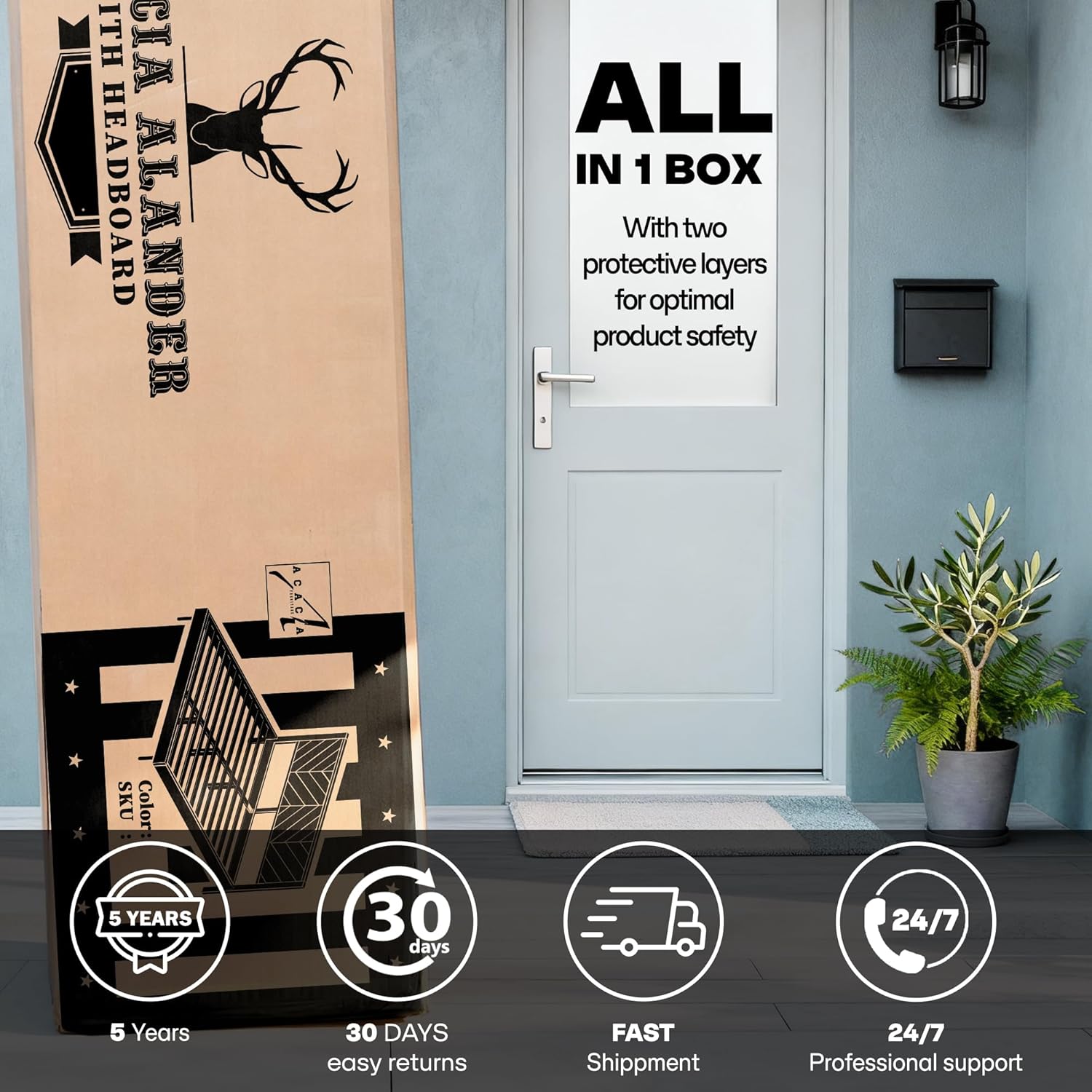 Acacia Alander Bed Frame with Headboard Bed Frame Queen Size Solid Wood Platform Bed, Scandinavian Signature High Headboard Wood Bed Compatible with All Mattress Types, 30 Mins Assembly, Walnut