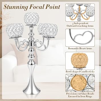 2Pcs 5-Arm Silver Crystal Candle Holder, 21.5in Candelabra Centerpieces for Tables, Floor Standing Decorative Candlestick Set, for Wedding, Party, Home Decoration