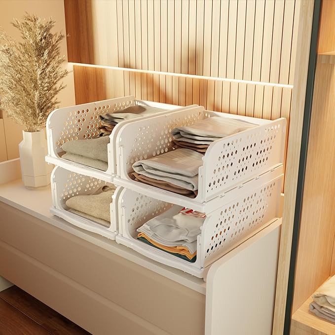 Buy amazon basics Clothes Organizer for Wardrobe | Foldable & Stackable Closet Organizer, 4 Pieces, White at Rs. 1149