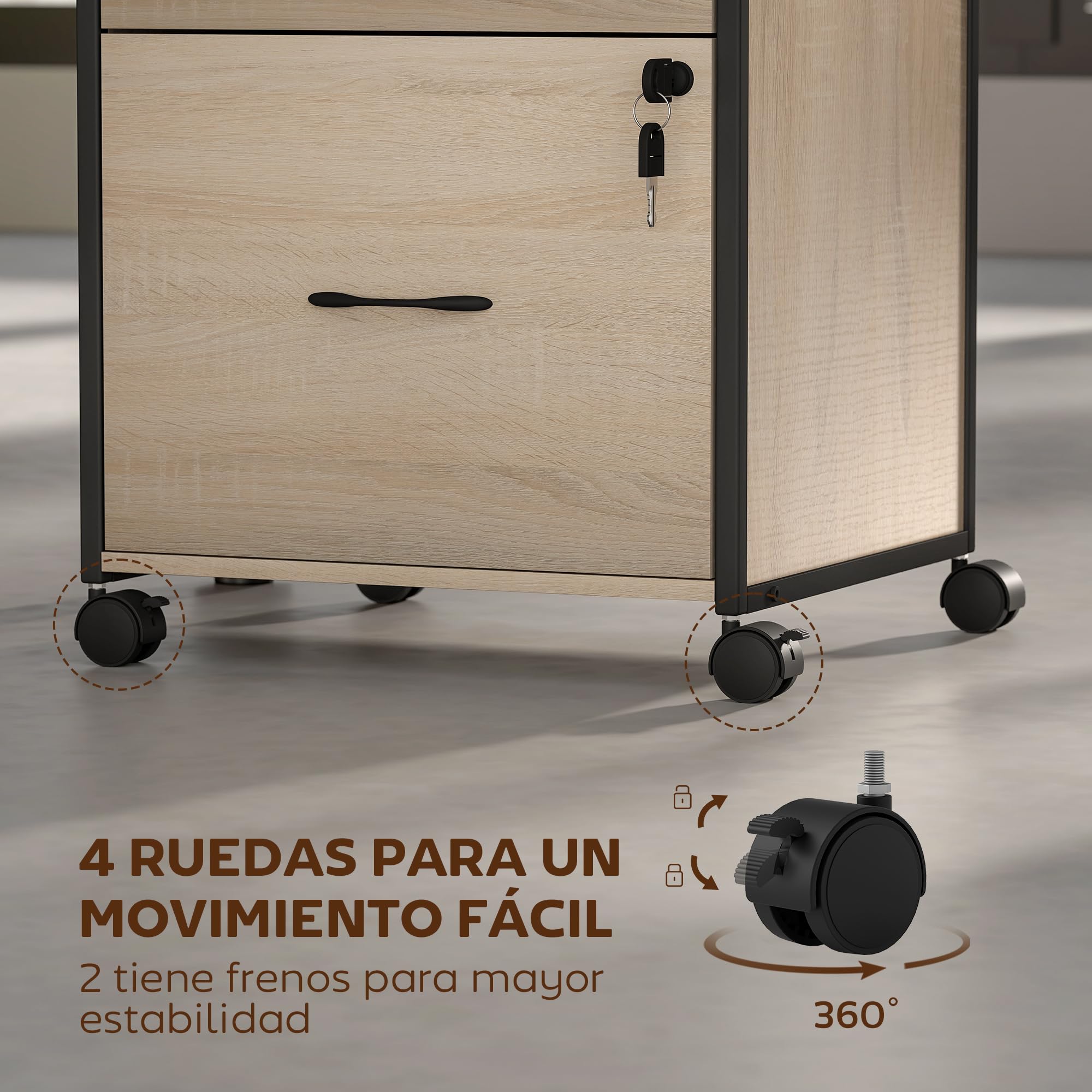 Vinsetto Cassettiera per ufficio con 2 cassetti, cassetto per scrivania con ruote, barra appendiabiti, serratura e 2 chiavi per lettere A4, schedario mobile per studio, 44x40x66,5 cm, naturale