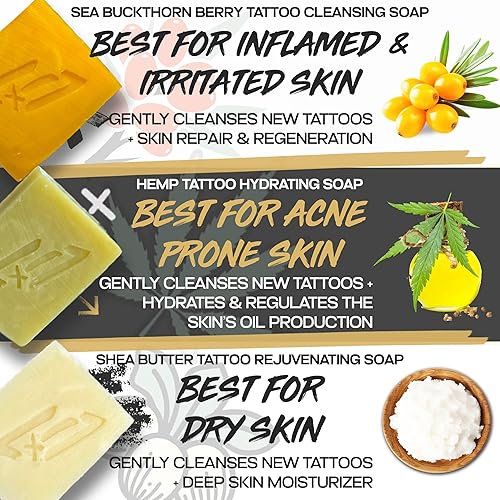 Miniatura 2 de VI Tattoo Soap - Jabón de cuidado posterior para tatuajes, paquete de 3, sin perfume, espino cerval de mar natural, barra de jabón de cáñamo y