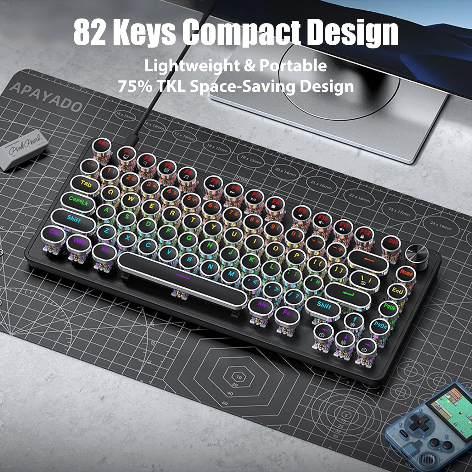 Angled view of the TISHLED K82 keyboard on a desk, showcasing its compact 82-key design and retro aesthetic.
