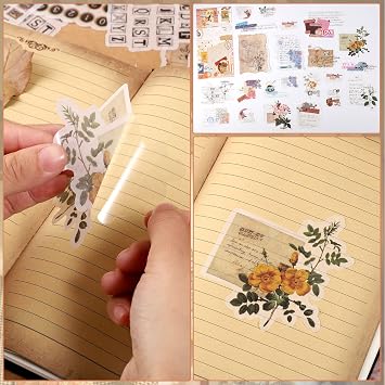 228 Pcs Vintage Scrapbooking Sticker Paper with A7 Scrapbook for Journaling Retro Collection Aesthetic Stickers Washi Stamping Craft Kits Collage Album Cottage Picture Frames Botanical