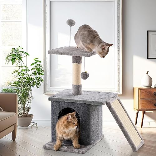Miniatura 2 de Torre para gatos de interior de 26 pulgadas, condominio para gatos con almohadilla para rascar, árbol para gatos grandes con bola colgante,