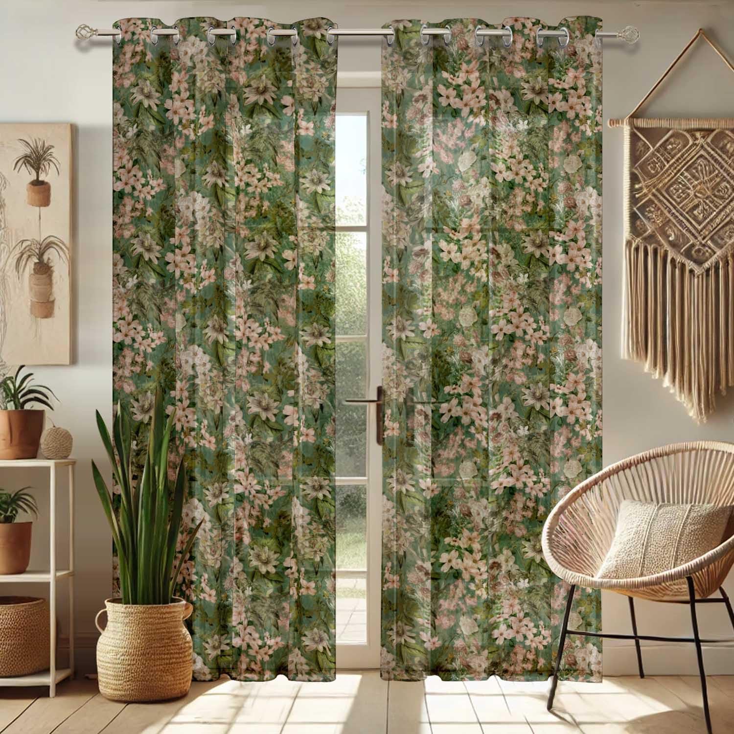 Flowers Print Sheer Curtains for Short Windows – Set of 2 Panels, 63" Length, Grommet Top, Printed Georgette, Light Filtering Drapes for Kitchen or Bedroom