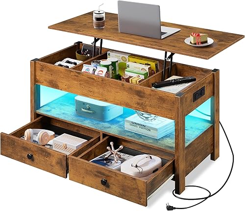 Miniatura 11 de WLIVE - Mesa de centro de madera con parte superior elevable, compartimento oculto y estante de almacenamiento ajustable, mesa elevable para comedor