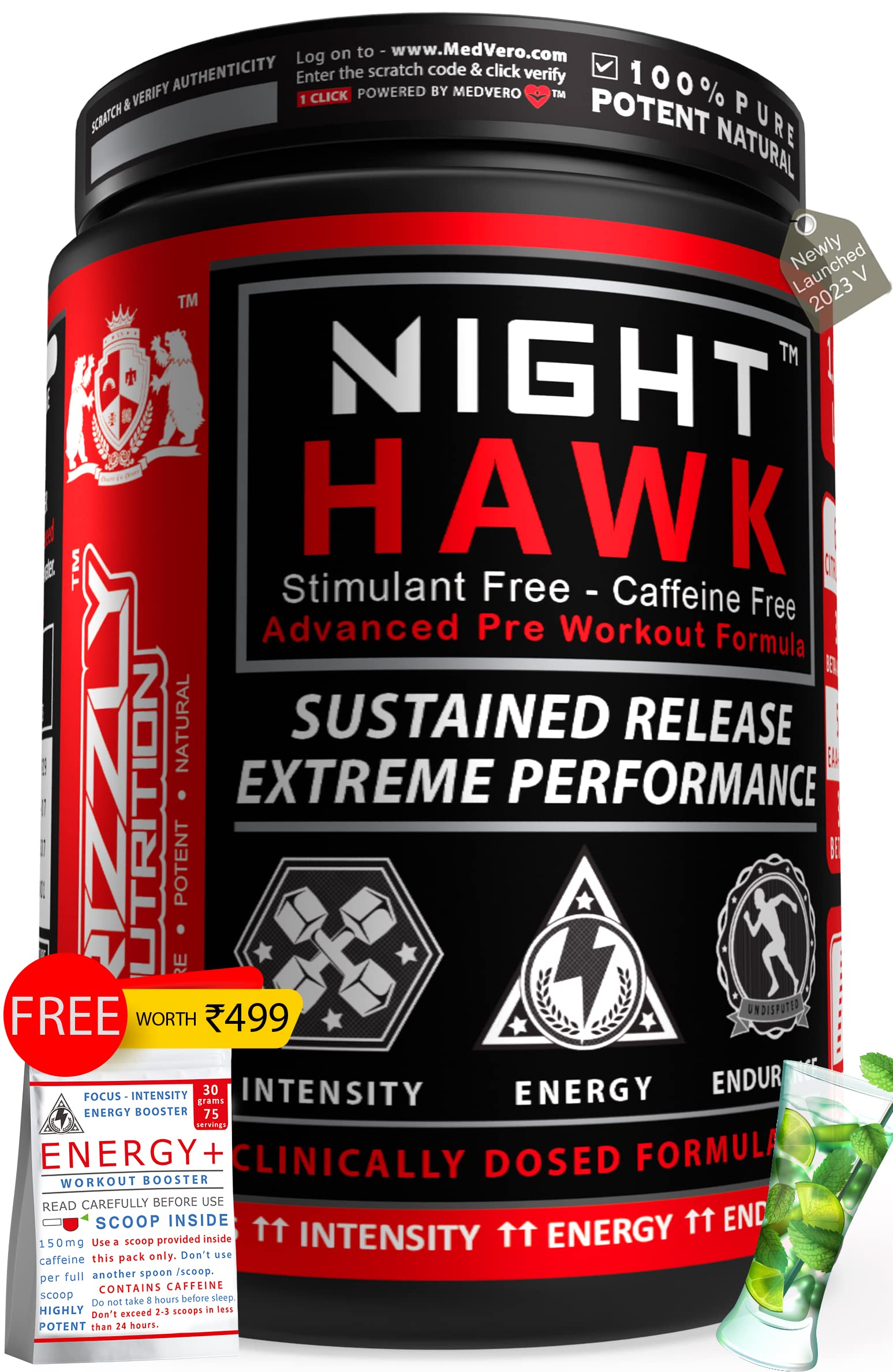 Grizzly Nutrition, NIGHT HAWK - Stimulant free/No Caffeine Pre workout/intra, designed for evening/night workout/day with EAA +30 performance boosters, 460grams (Caribbean fresh lime) with Energy+ (B09FJGJRDJ) Amazon Price History, Amazon Price Tracker