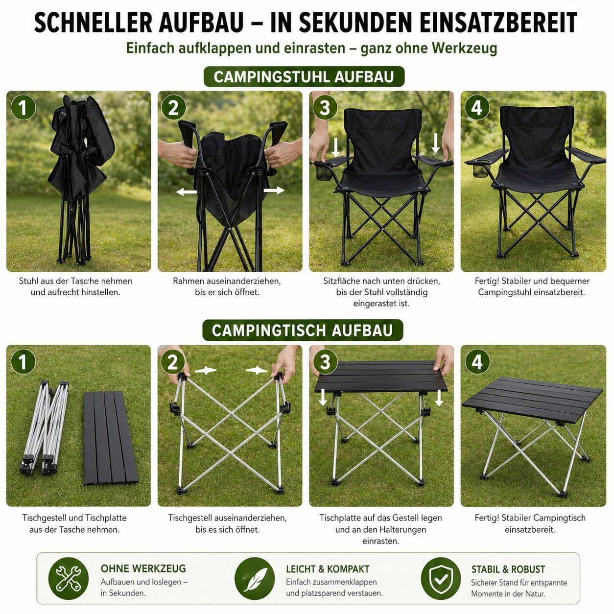 BigDean Campingstuhl mit Tisch Set klappbar – Camping Tisch Stuhl Set Campingstuhl faltbar Angelstuhl Faltstuhl Anglerstuhl - Camping Set Campingstühle Campingtisch mit Stühlen Anglersessel