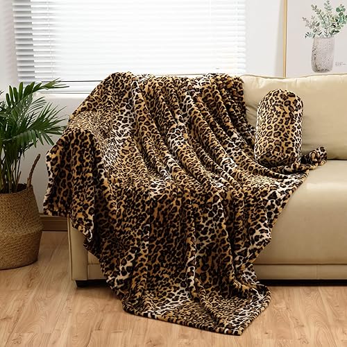 Manta de franela de forro polar con estampado de leopardo (50 x 71 pulgadas) con funda de almohada (18 x 18 pulgadas), manta de cama de doble cara