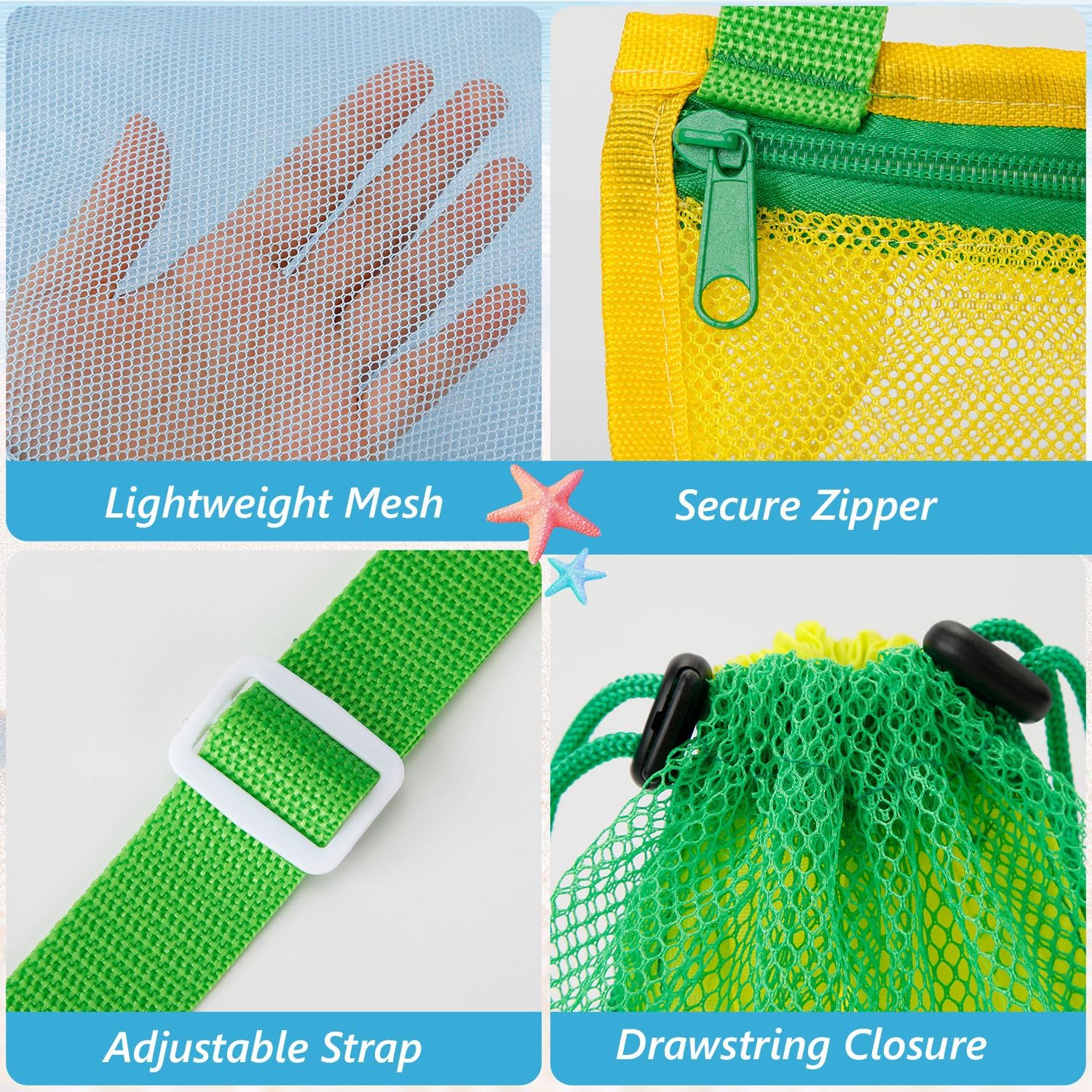 6PCS Beach Toy Mesh Bags, Shell Collecting Bags for Beach | Sand Toys Backpack for Kids Beach Essentials, Green+Yellow+Blue