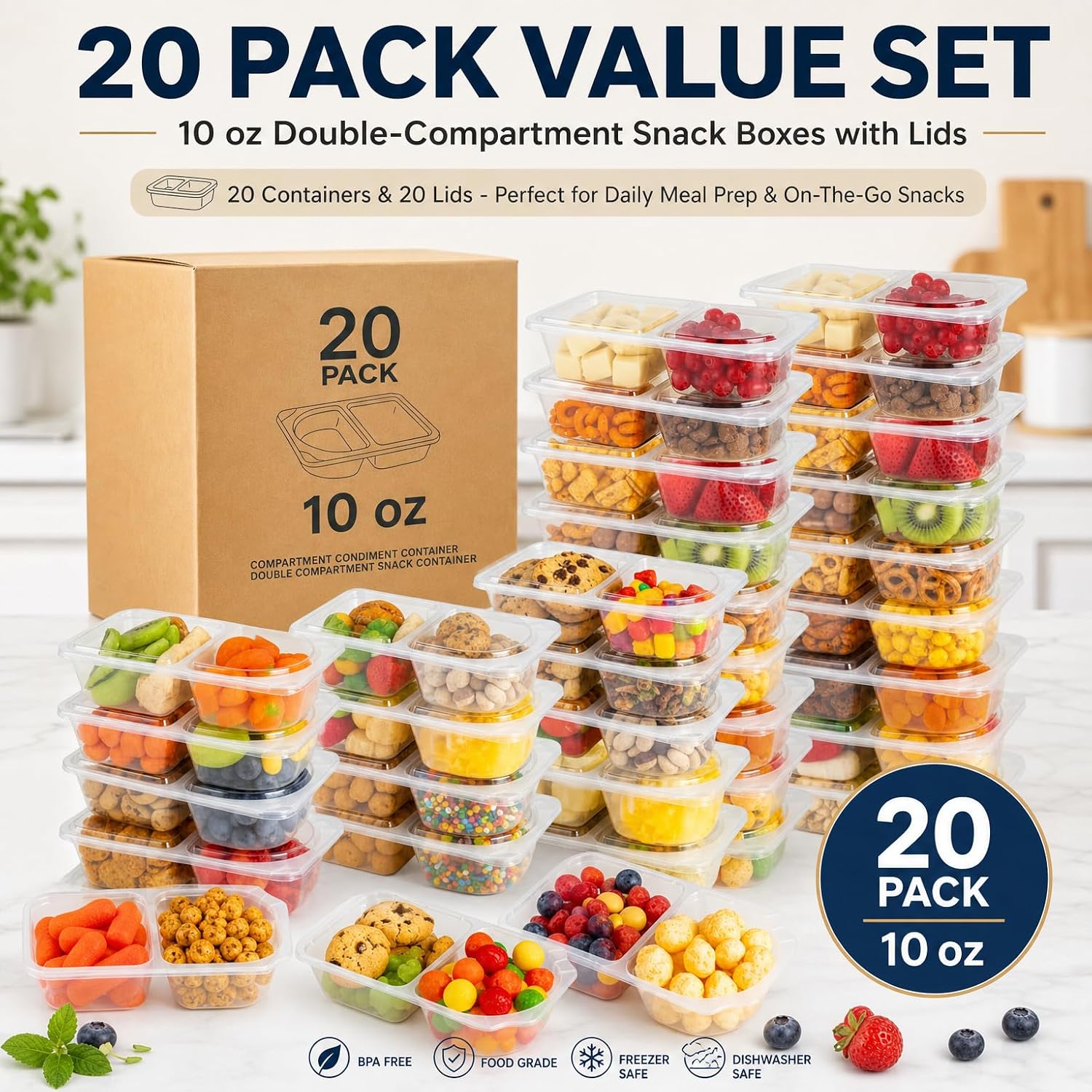 10 OZ (300ml) Snack Containers with Lids,20-Pack Reusable Double Compartment Meal Prep Containers,Sauce Food Container Portion Control Containers for Travel,Picnic,Party