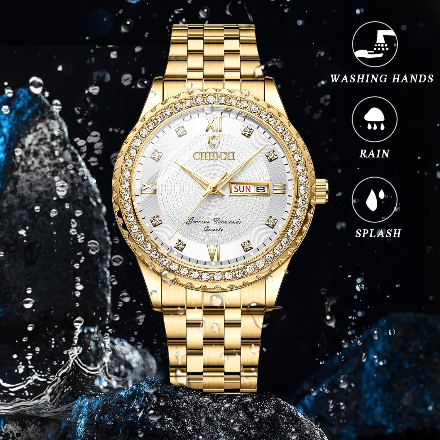 OIDEA Couple Quartz Watches for Men: Luxury Full Rhinestones Diamond Bezel Round Dial Wrist Watch Waterproof Luminous Calendar Week Date Business Dress Watch Valentine's Day Gift