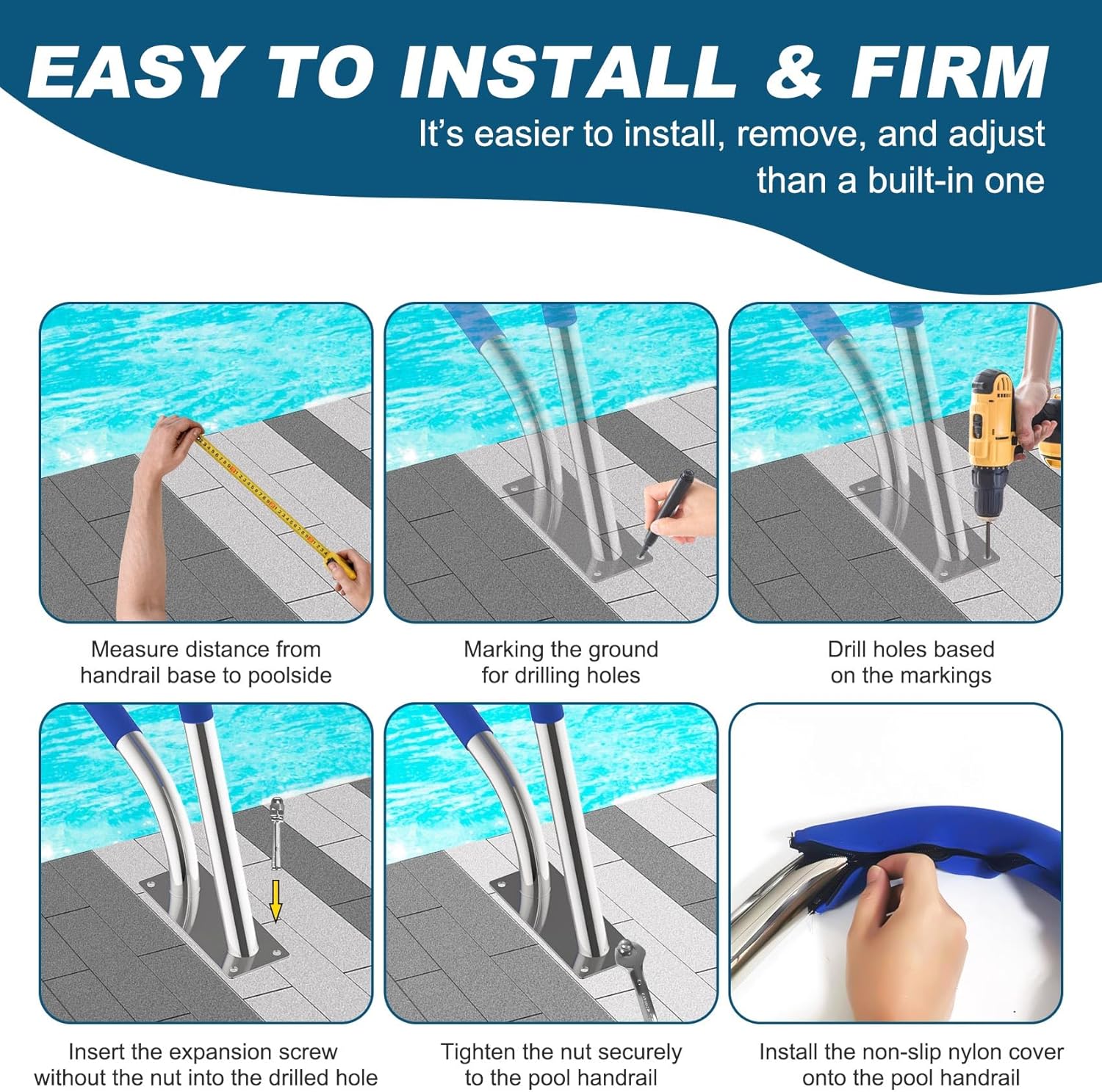 Pool Handrail, 32" x 22.5" Pool Railings for Inground Pools, 304 Stainless Steel Pool Handrails with Blue Nylon Grip Cover & Inflatable Float Hammock, Quick Mount Accessory Included