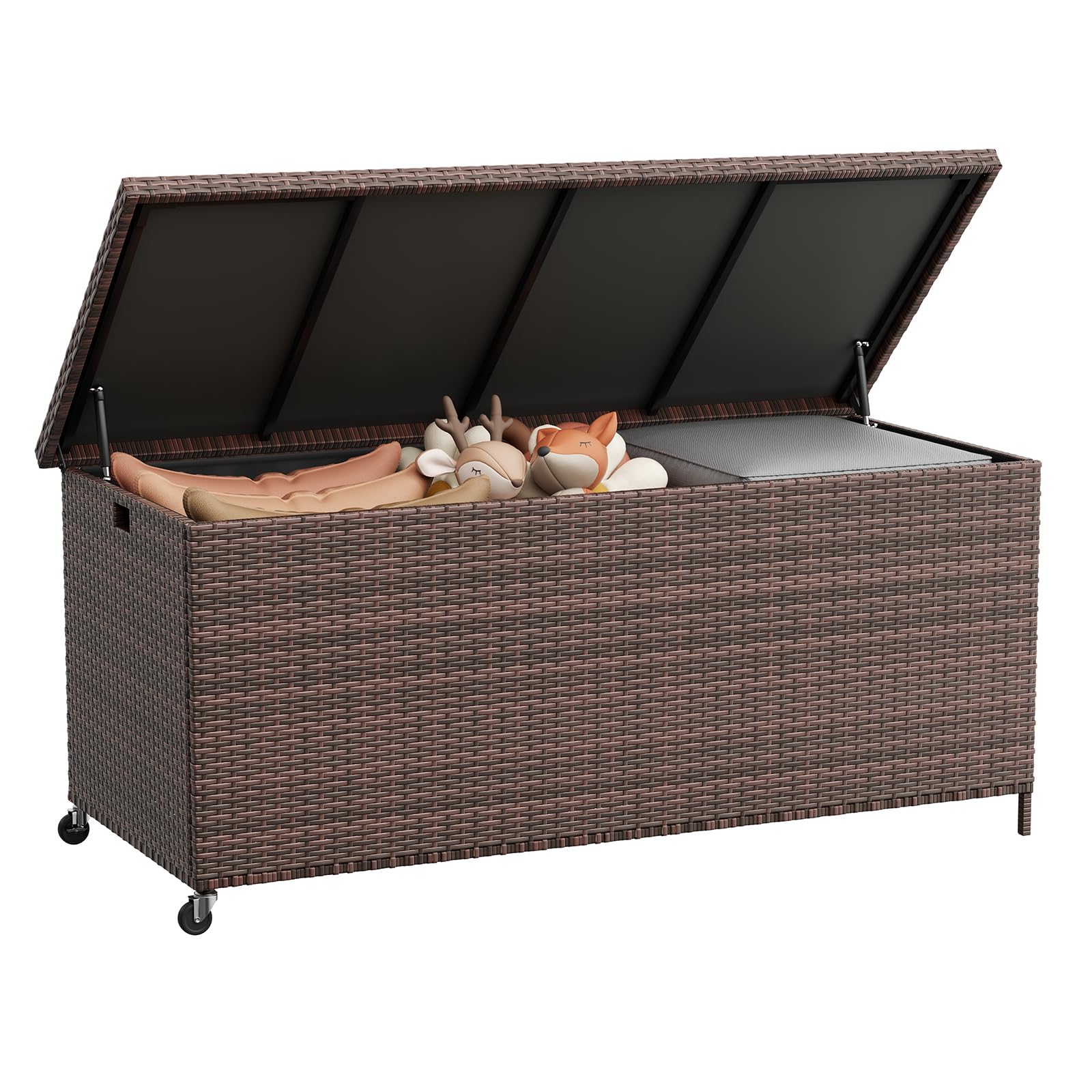 UDPATIO Gartenbox Wasserdicht 480L mit Rollen, Aufbewahrungsbox Garten, Auflagenbox Wetterfest, Kissenbox Outdoor mit Deckel, Gasdruckfedern, Braun
