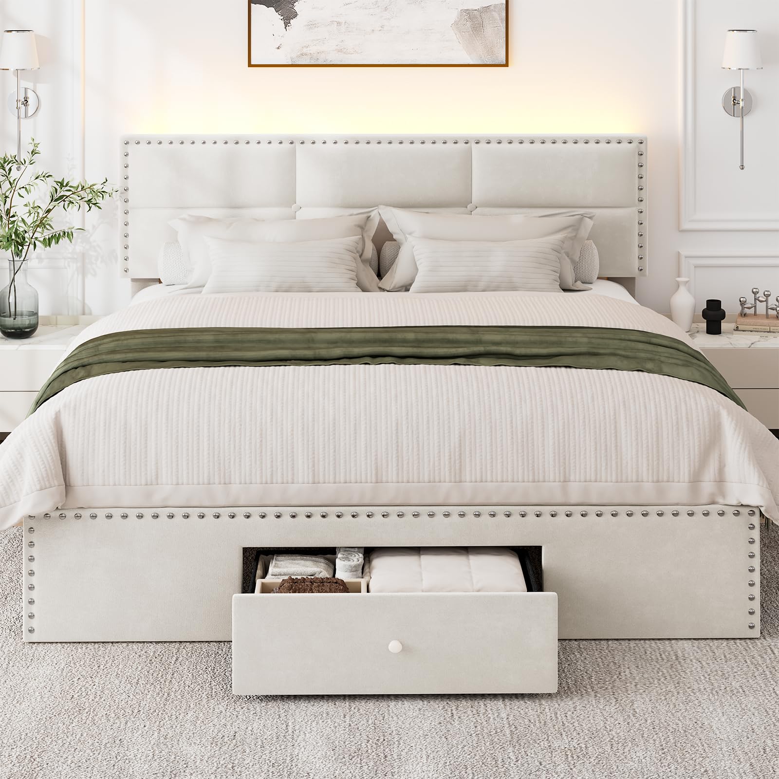 PROZENBDING King Size Bed Frame with Storage Drawer, Velvet Upholstered Bed Frame 5ft with LED Lights, Nailhead and Button Tufted, Metal & Wooden Slat, No Box Spring Needed, 200x150cm, Beige