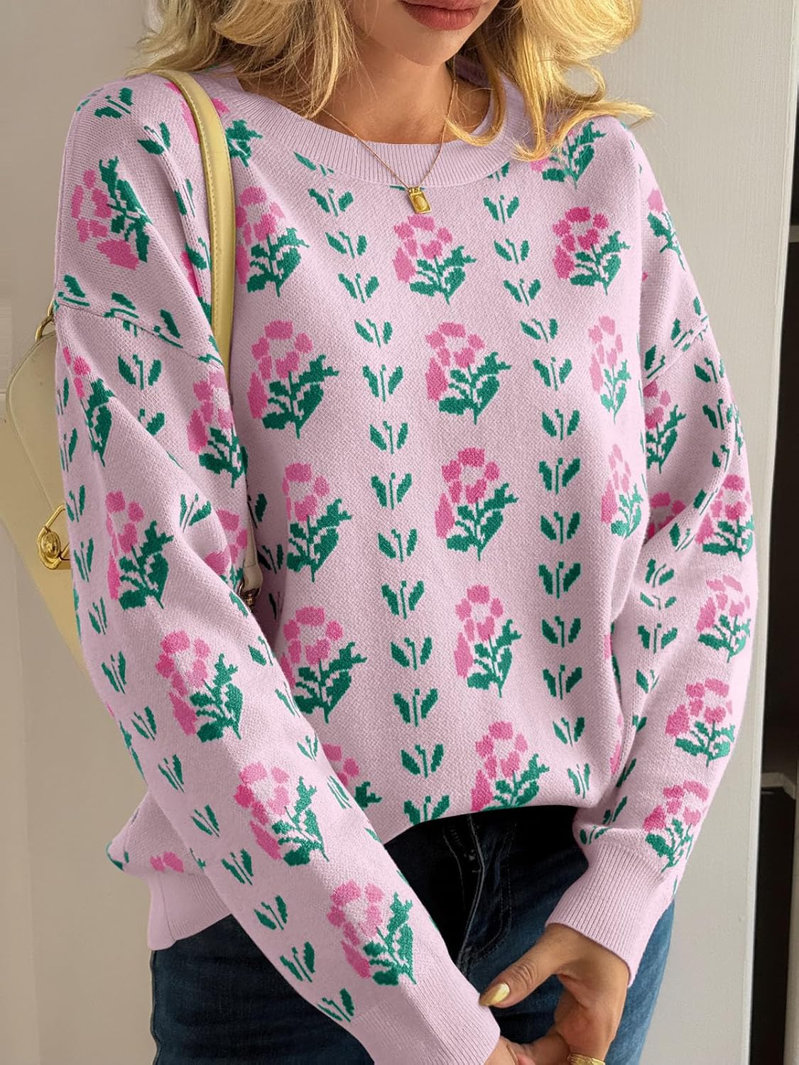 Saodimallsu Womens Long Sleeve Floral Sweaters Fall Crew Neck Casual Loose Knitted Pullover Tops - Image 4