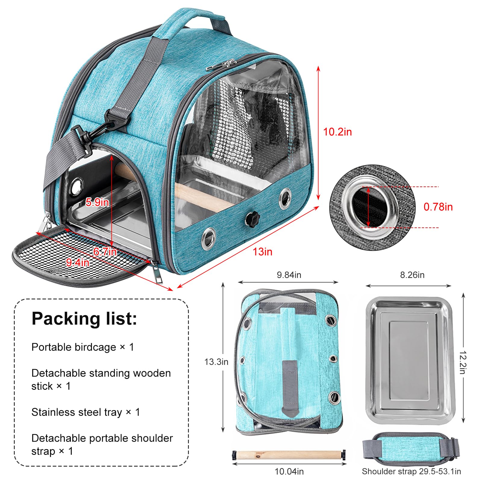 Borsa per il Trasporto di Uccelli con Asta e Vassoio in Acciaio Inox, Zaino Portatile per Pappagalli con Asta di Legno (Blue)