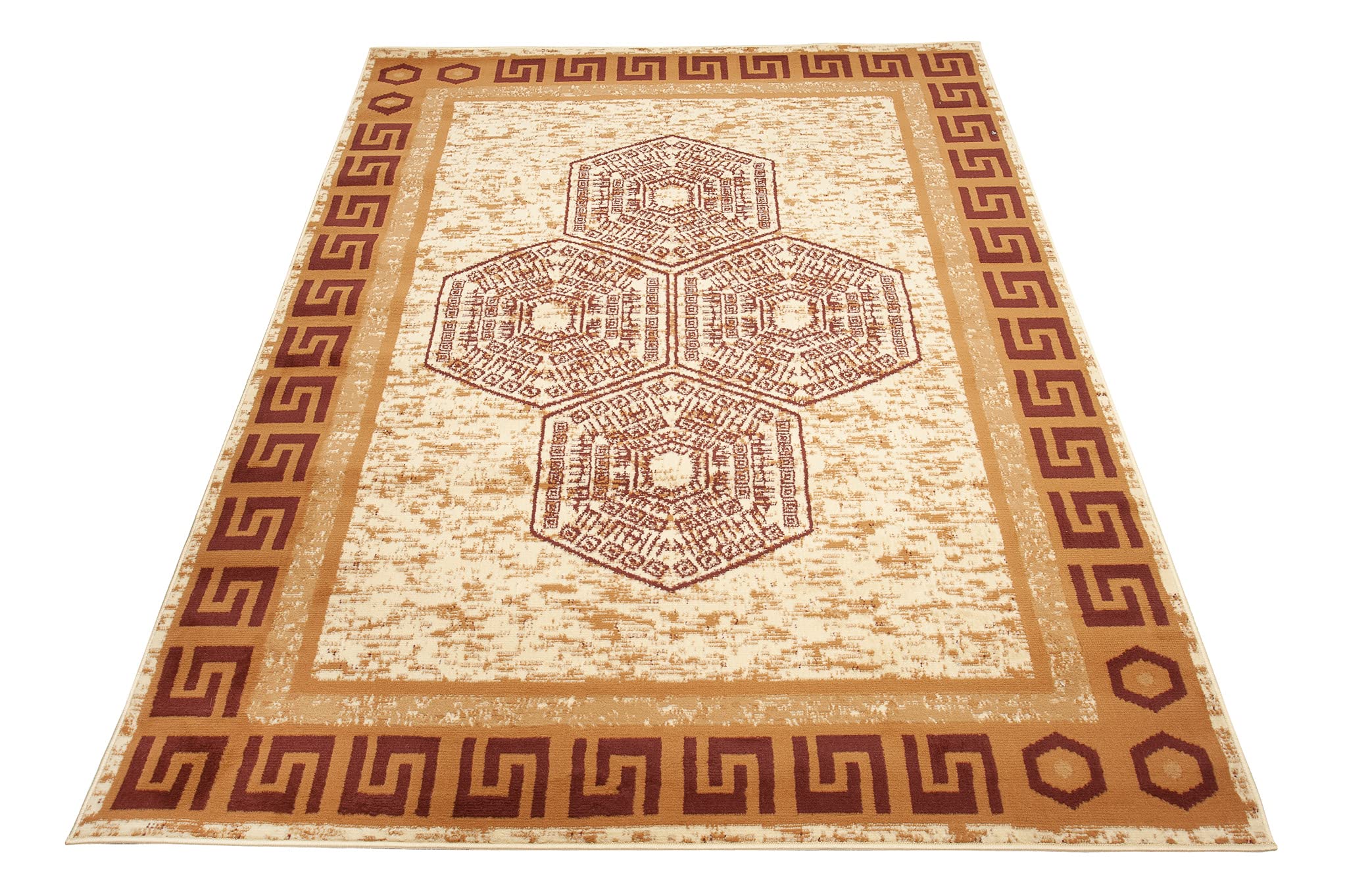 TAPISO Atena Tapis de Salon Chambre Ado Design Moderne Sable Marron Motif Grec Bordé Doux Fin Poil Court 140 x 200 cm