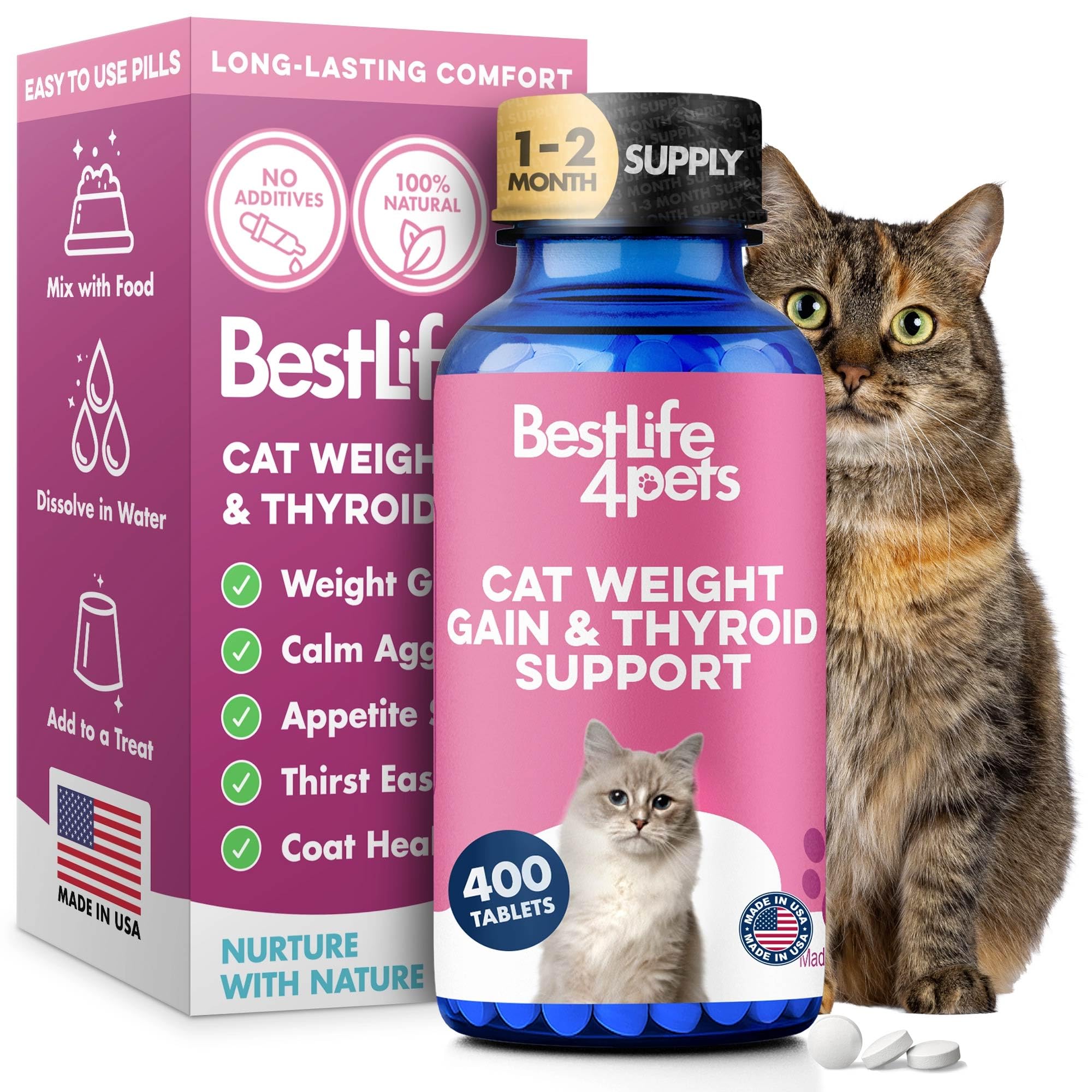 Cat Hyperthyroid & Gentle Weight Gain Support for Cats and Kittens - Natural Feline Thyroid Balance for All Ages in Odorless Easy to Use Tiny Pills That Improve Appetite, Coat & Energy (400 Pills)