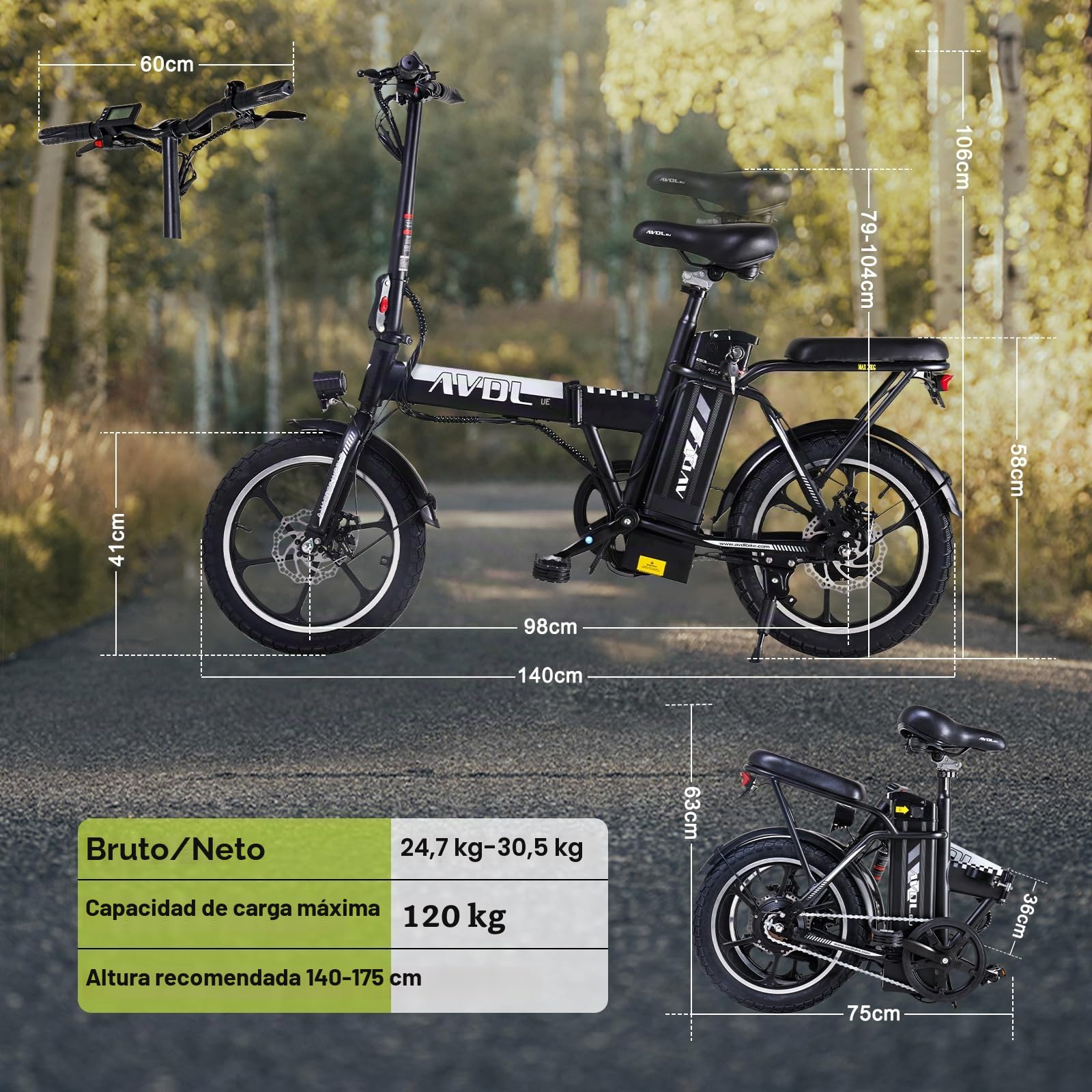VDL Bicicleta Eléctrica para Adolescentes 16 Pulgadas, Batería Extraíble 36V 11,4/13Ah, eléctrica Urbana, Frenos de Doble Disco, Pantalla LED, Velocidad hasta 25km/h