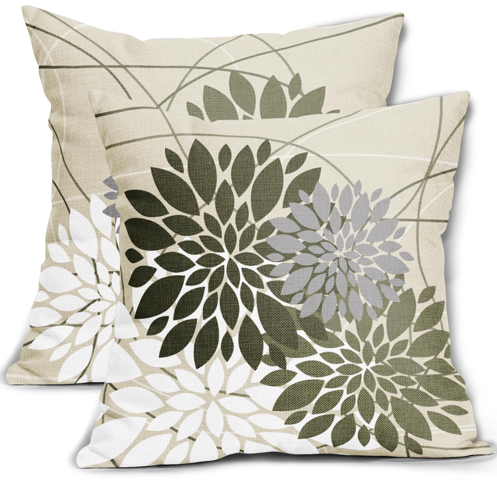Olive Green Flower Pillow Covers 18x18 Grey Gray White Dahlia Floral Spring Decorative Throw Pillows Farmhouse Outdoor Seasonal Decor for Home Sofa