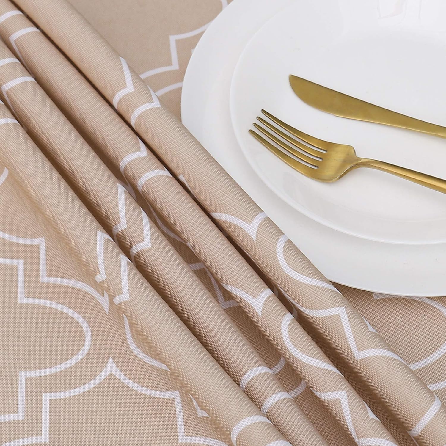 Greatest Product AooHome 60 Inch Round Tablecloth, Fabric Spill-Proof Water Repellent Geometric Quatrefoil Table Cloth for Celebration Holiday Party, Machine Washable, Heavy Weight, Khaki Big Sale AooHome 60 Inch Round Tablecloth, Fabric Spill-Proof Water Repellent Geometric Quatrefoil Table Cloth for Celebration Holiday Party, Machine Washable, Heavy Weight, Khaki