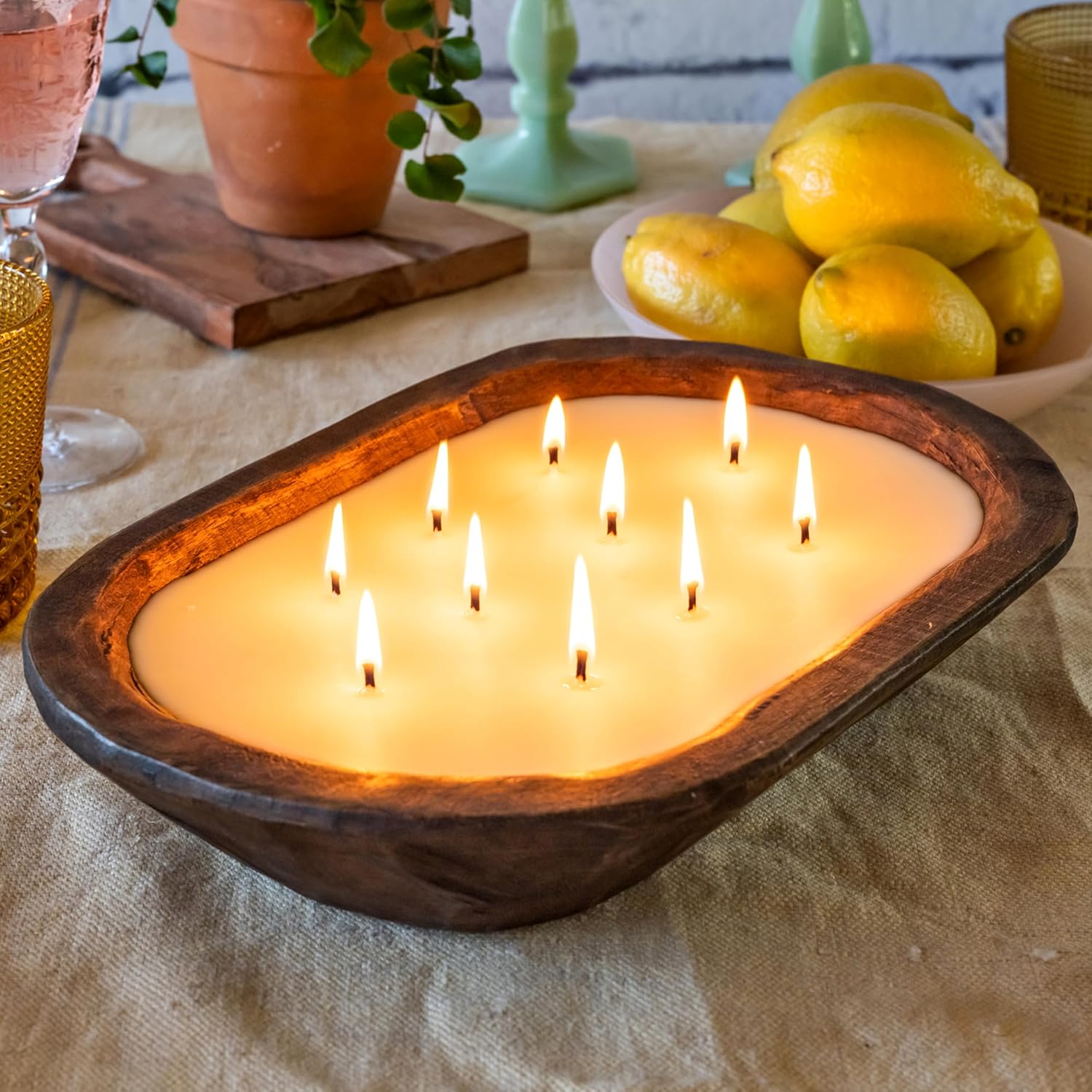 Wooden Dough Bowl Candles 10x14 Inch, Wooden Dough Bowl Soy Candle, Farmhouse Doughbowl Candle Tabletop Decor