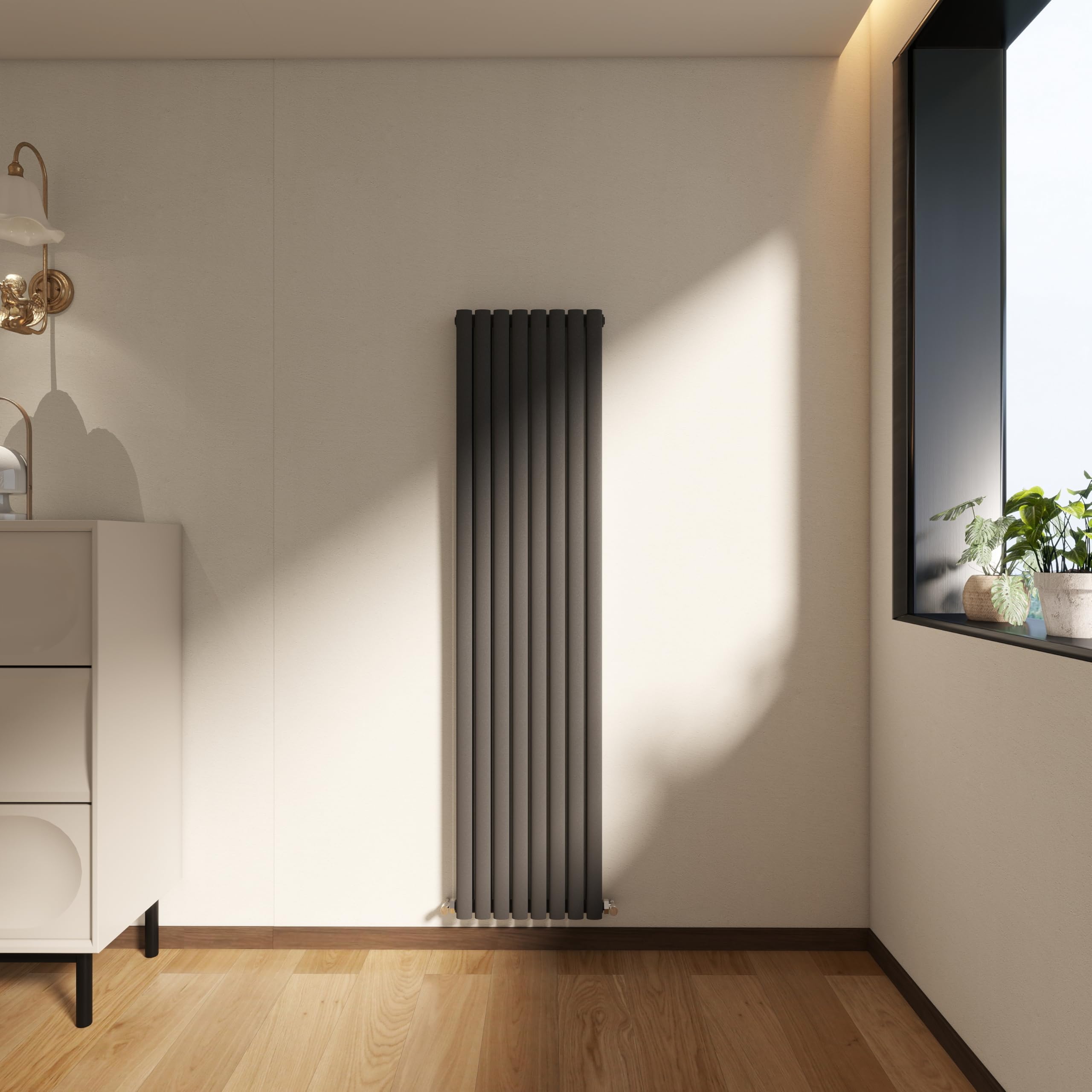Vertical Designer Column Radiator, 1600x472mm Column Radiator Anthracite Oval Column, Double Panel Tall Upright Heater for Living Room, Central Heating Heater, Grey Radiator, Wall Mounted Rads