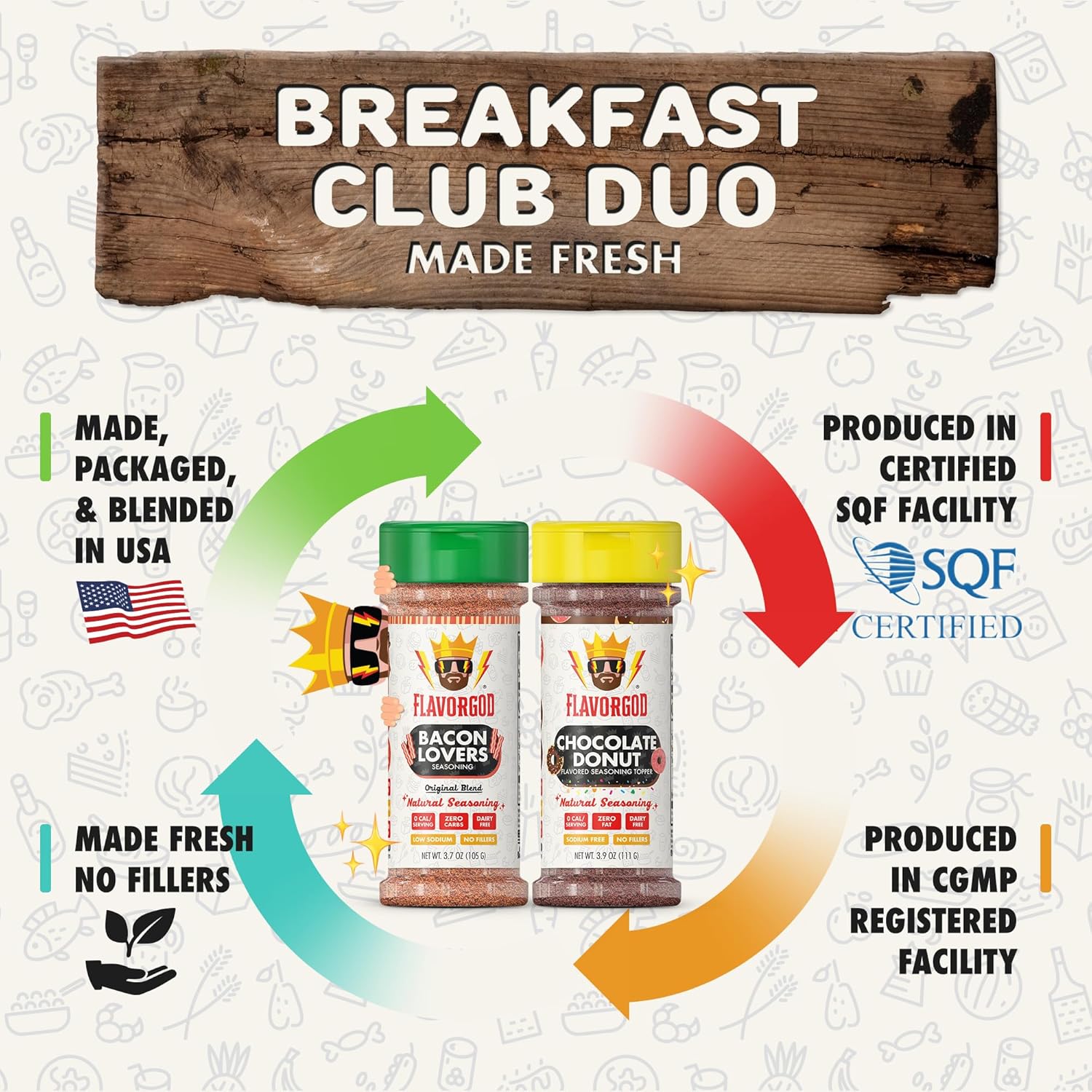 The Breakfast Club Duo, Combo Pack of 2 - (Chocolate Donut, Bacon Lovers) - Herb, Spice, Topper, and Seasoning Gift Set - Premium All Natural & Healthy Blend - Flavor God Seasonings