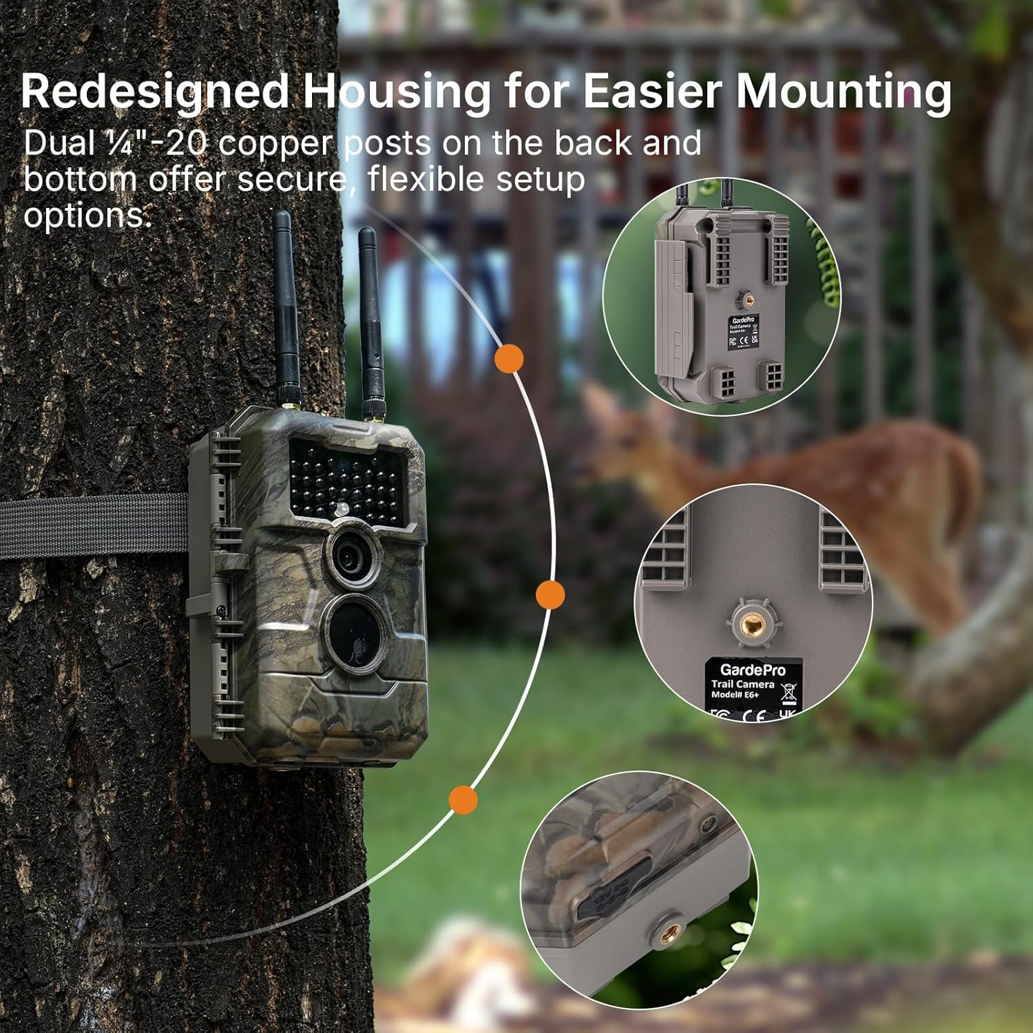 GardePro E6 2.0 WiFi Trail Camera (Non-Cellular), 64MP Photos, 4K Video, Dual Antennas 165ft Range, Live View, 110° Wide-Angle, No-Glow Night Vision, Motion Activated
