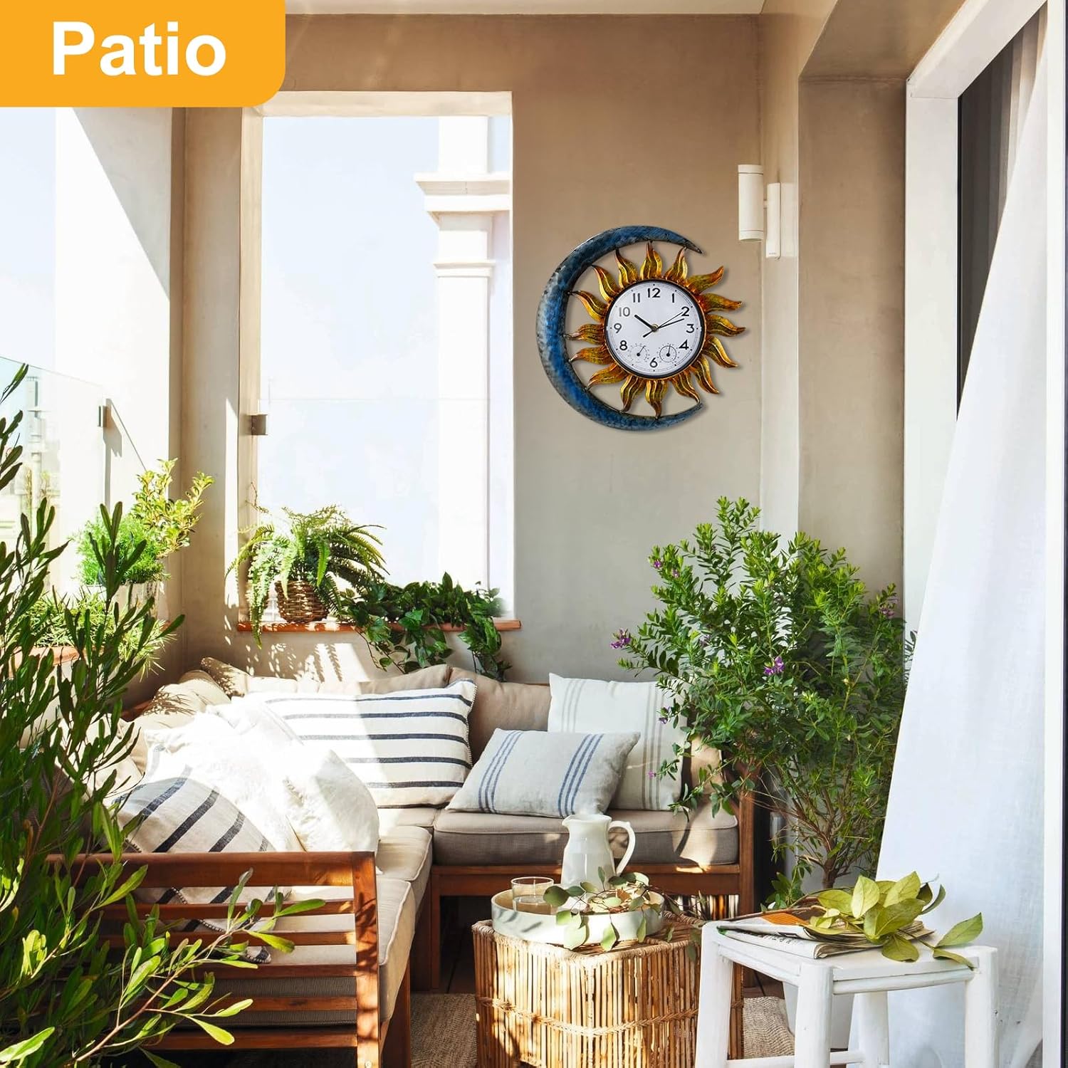 shumi Sun and Moon Outdoor Clock, Decorative Wall Clock for Patio Living Room,Silent Non-Ticking Outdoor Clock Thermometer Combo