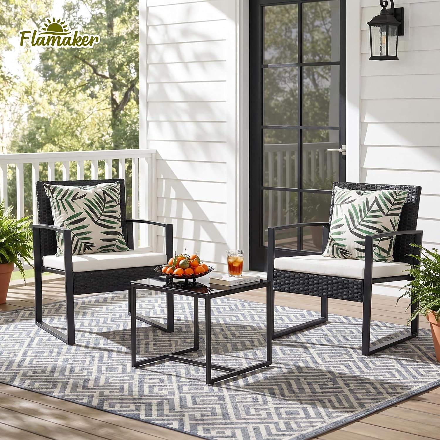 Flamaker 3 Pieces Patio Furniture Outdoor Wicker Modern Rattan Chair Conversation Sets with Coffee Table for Yard, Bistro(White)