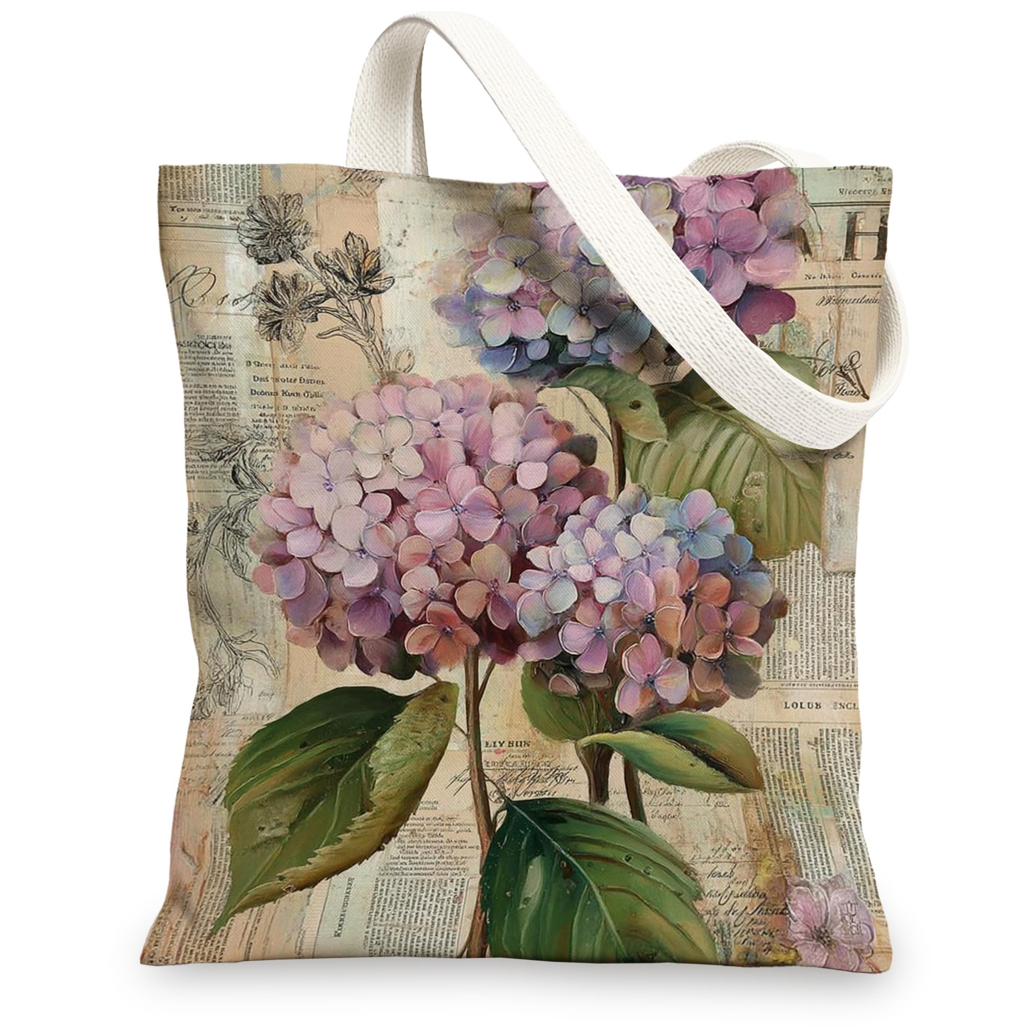 Vintage Canvas Tote Bag, Hydrangea Reusable Grocery Bags, Stylish Lightweight Shoulder Strap Bags, Violet, 13x15 Inch