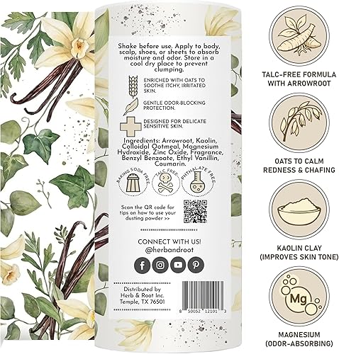 Herb & Root Polvos corporales sin talco. Conjuntos de rosa, vainilla, sándalo, lavanda, jazmín y regalos (tamaño completo, vainilla)