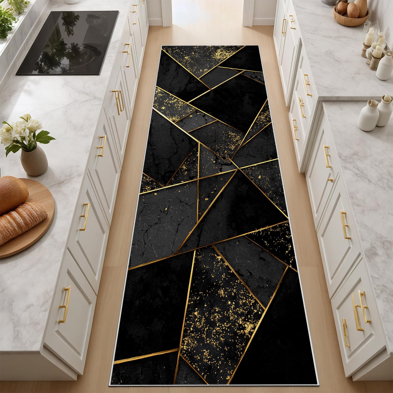 Luxuriöse Geometrie Linien Aus Blattgold Waschbarer Teppich 60x240 cm Teppichläufer Läufer Flur Rutschfest für Schlafzimmer Teppich Geometrie Muster Schwarz Gold Extra Dünn Teppisch Flurläufer