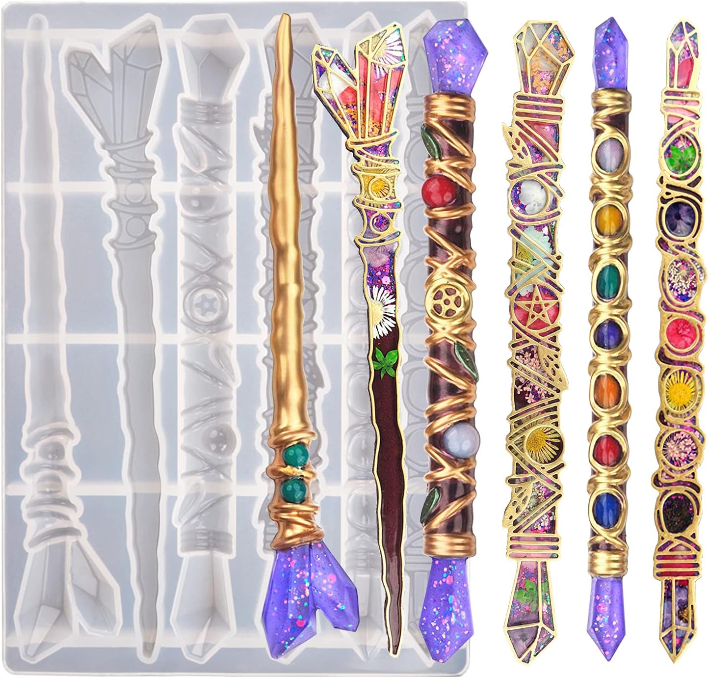 Actvty Magic Wand Resin Molds, 6 Different Shape of Wand Silicone Molds for Epoxy Resin, Wizard Wand Resin Casting Mold for DIY Gemstone Wand Craft Gifts