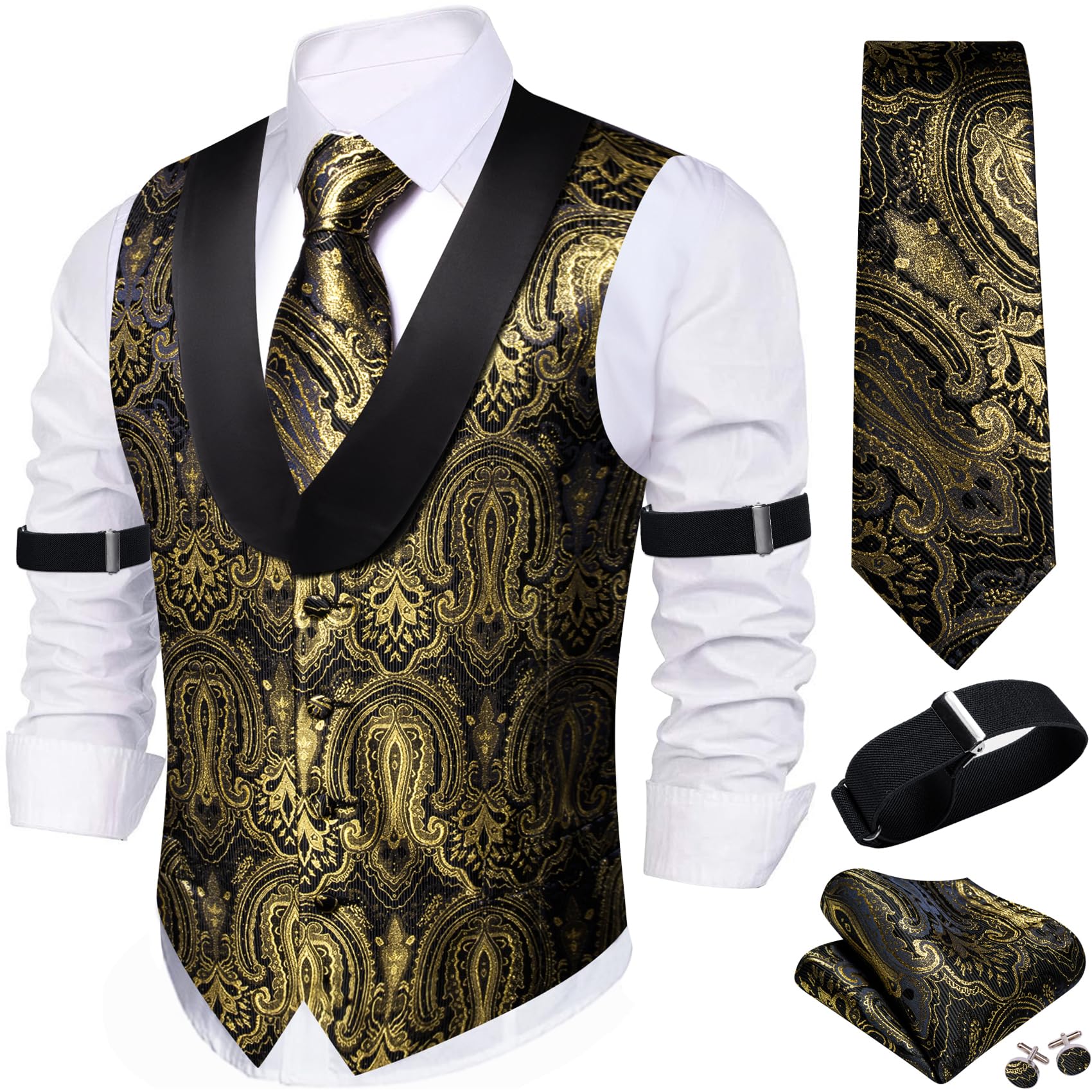 Barry.Wang Mens Silk Paisley/Floral Suit Vest Tie Sleeve Holder Set 5PCS