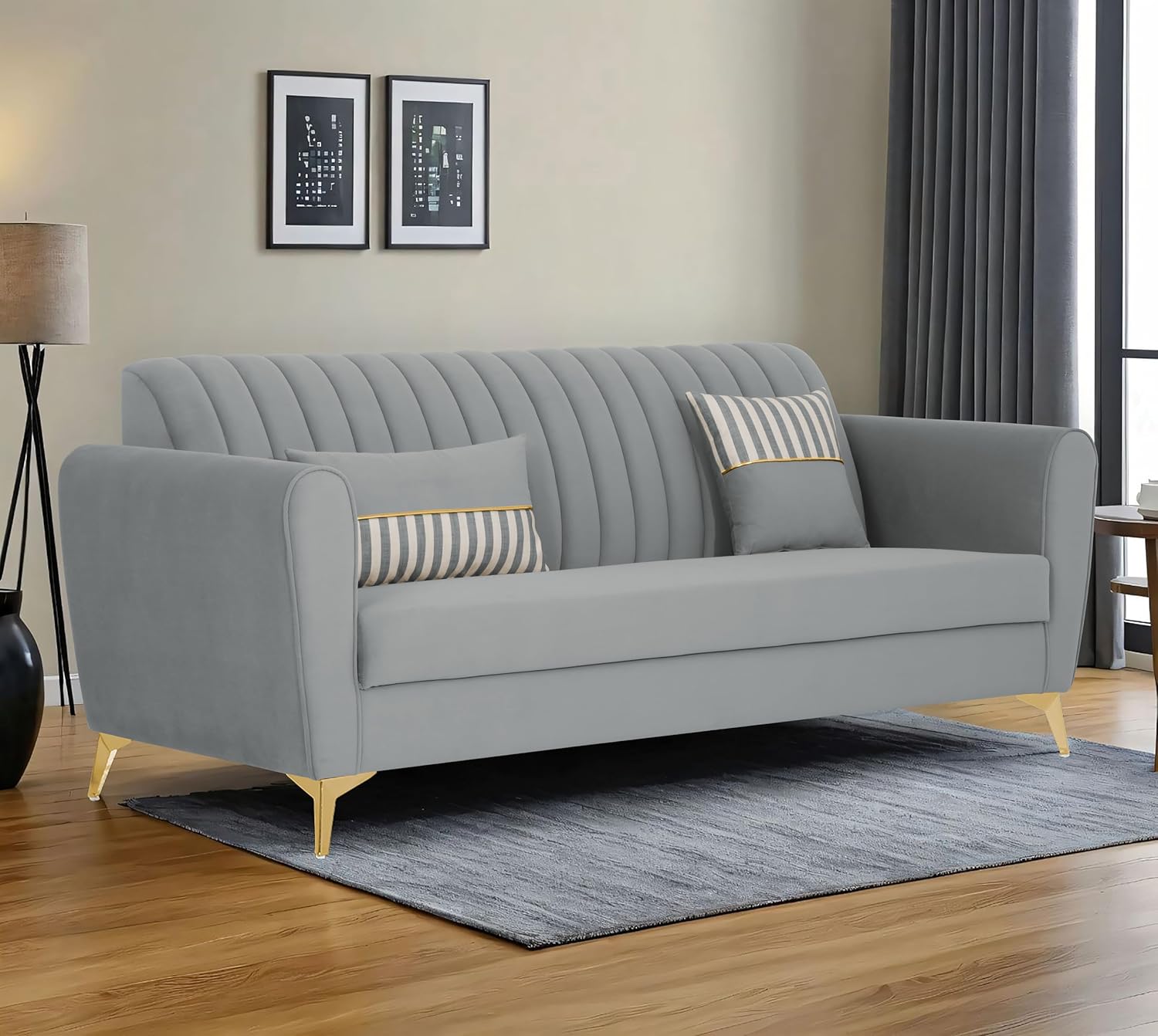 Adorn India Premium Luster 3 Seater | Velvet Suede Fabric | 3-Year Warranty | Color Grey with Golden Legs & Striped Pattern Cushion Adorn India Premium Luster 3 Seater | Velvet Suede Fabric | 3-Year Warranty | Color Grey with Golden Legs & Striped Pattern Cushion