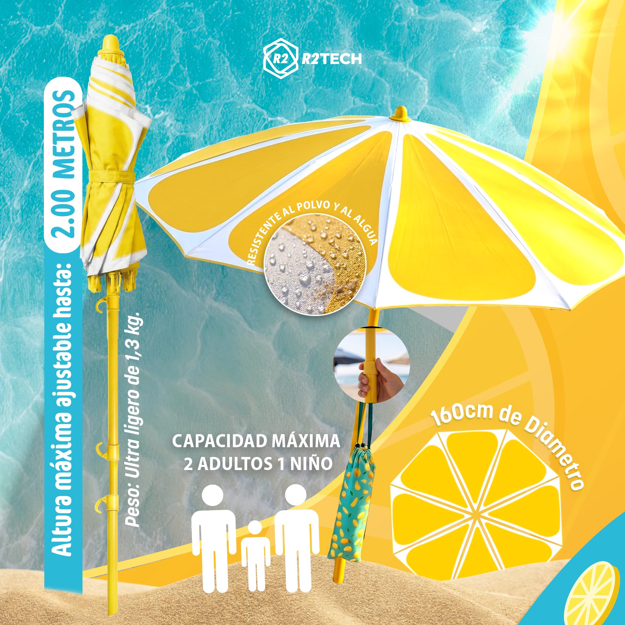 SUPER PACK Sombrilla Playa Plegable | Parasol con Altura 210cm y Diámetro 160cm | Sombrilla Compacta para Maleta | Protección Verano 2 Plazas UPF 50+ | Mástil Aluminio Amarillo 109C