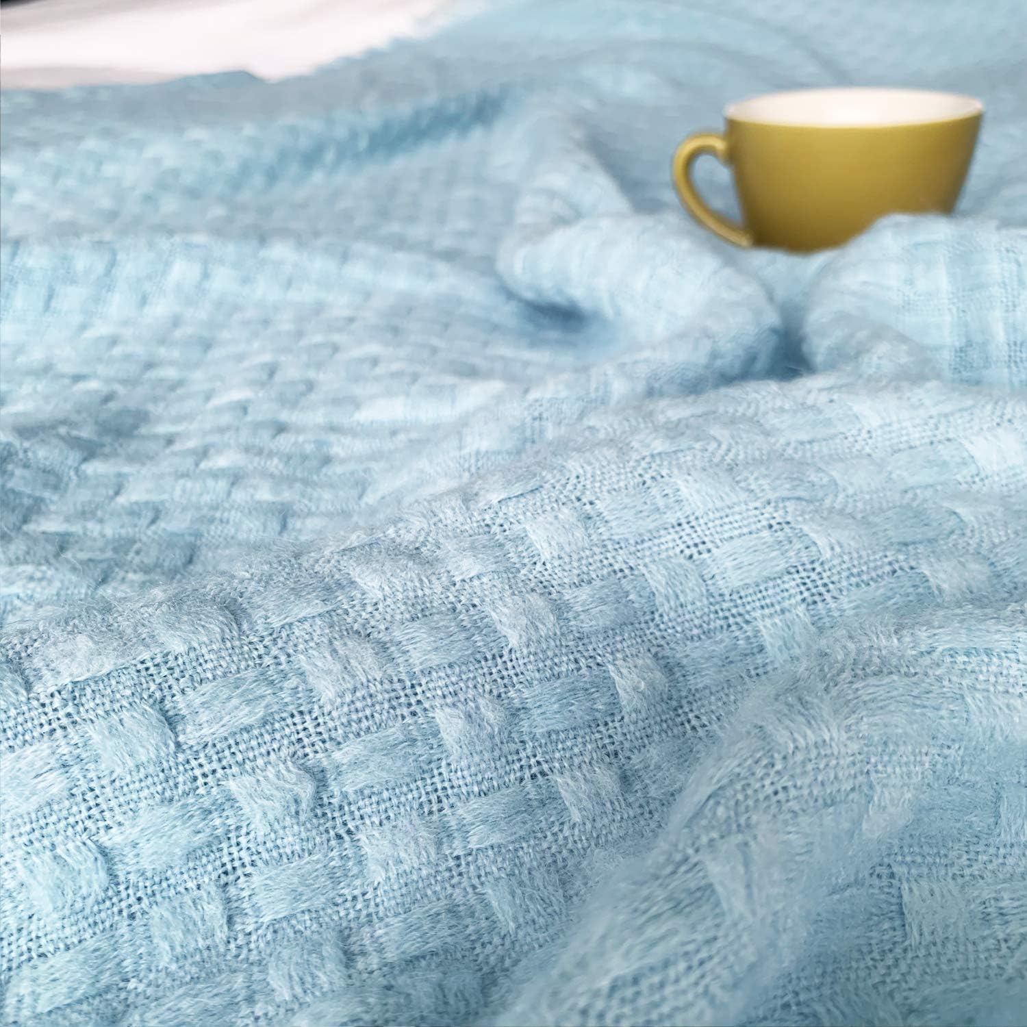DISSA Knitted Blanket Textured Solid Super Soft Cozy Plush Lightweight Decorative Throw Blanket Fluffy Woven Blanket for Bed Sofa Couch Cover Living Bed Room (Light Blue, 51"x63")