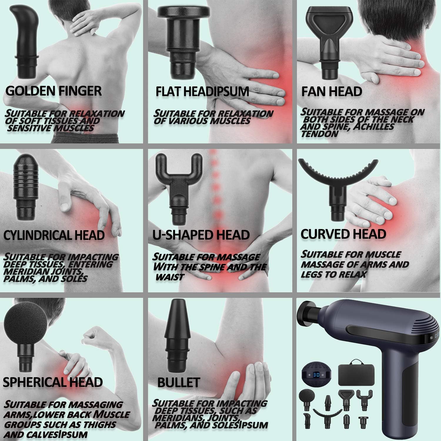 Massage gun deep tissue blow muscle massager, 8 replaceable heads, 30 adjustable speeds, brushless motor, 2600mAh, professional sports pain massager, amplitude: 12mm.