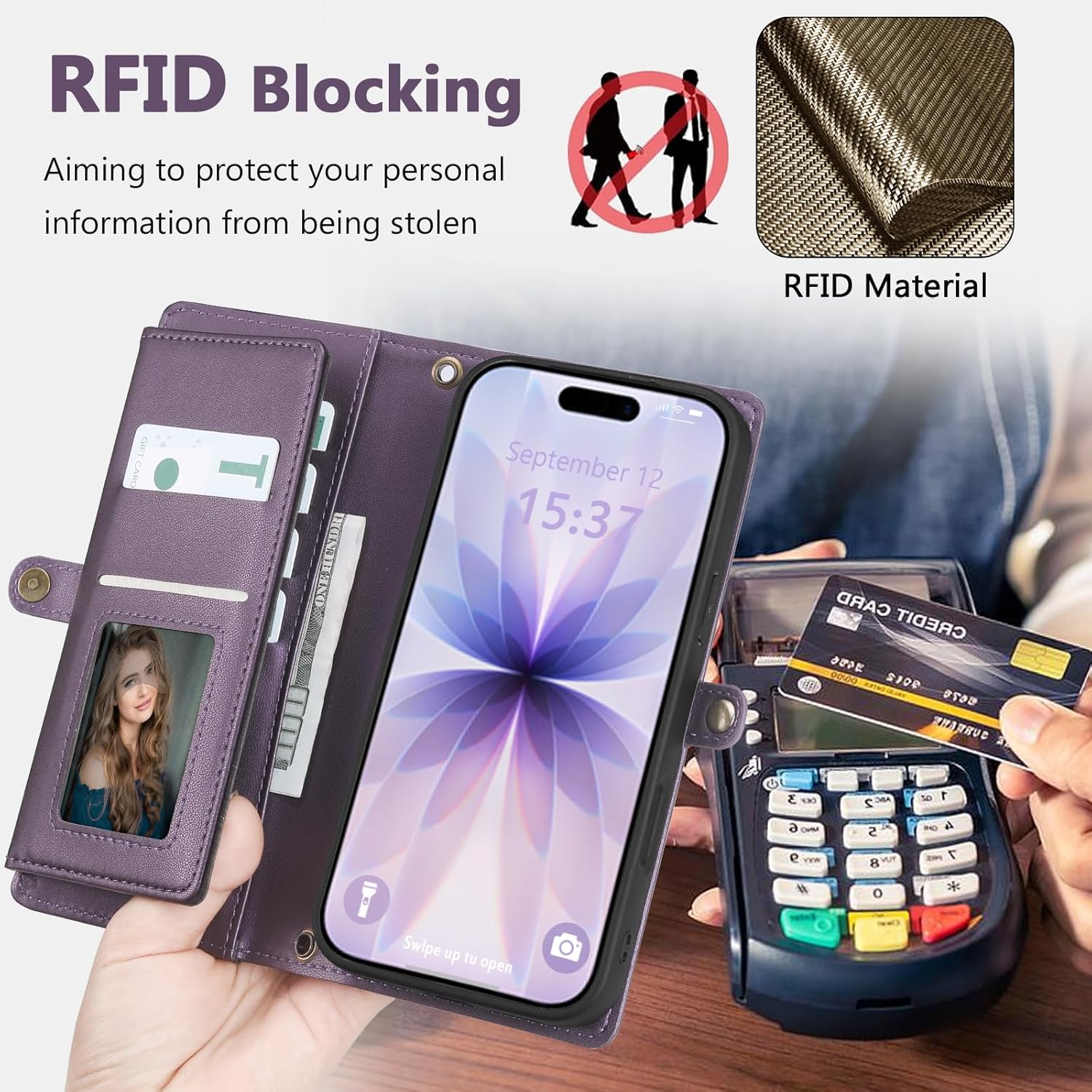 Wallet Case for iPhone 17 with Card Holder/Crossbody Wallet/Strap,[RFID Blocking][Magnetic] PU Leather Phone Case for iPhone 17,6.3 in,Purple - Image 4