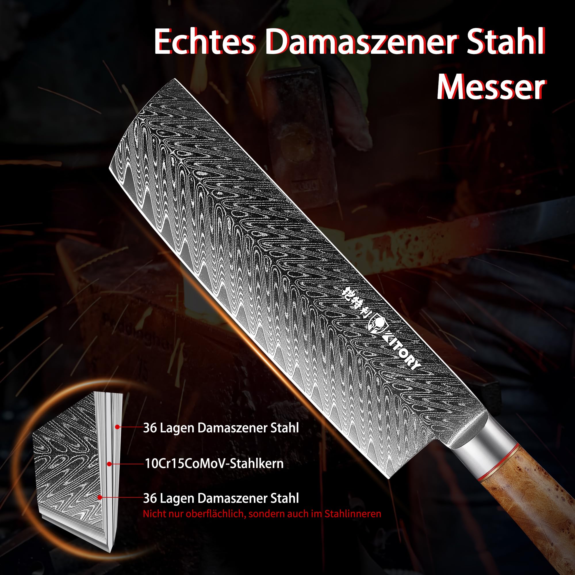 Nóż Japoński Nakiri Damasceński Kitory 18 cm Profesjonalny Nóż Kuchenny z 73-warstwowej Stali Damasceńskiej 10Cr15CoMoV z Rękojeścią z Drewna White Shadow (Biały Cień) - Seria Pro Damast