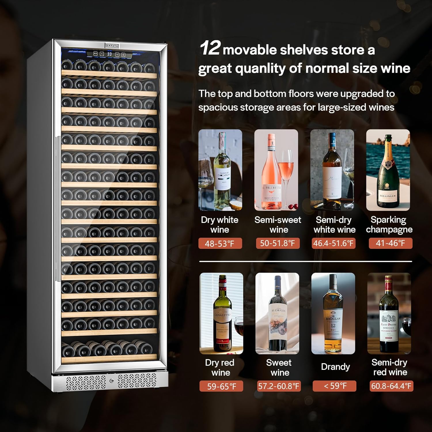 Empava 24 Inch Wine Fridge, 171 Bottle Wine Cooler Refrigerator with Professional Compressor, Large Capacity Fast Cooling Low Noise for Wine Enthusiasts, Built-in or Freestanding