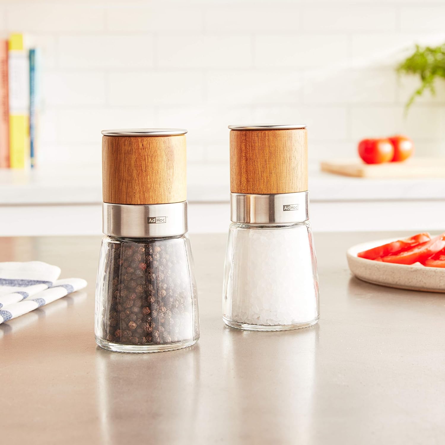 Akasia Wood and Glass Salt or Pepper Mill with Metal Accents